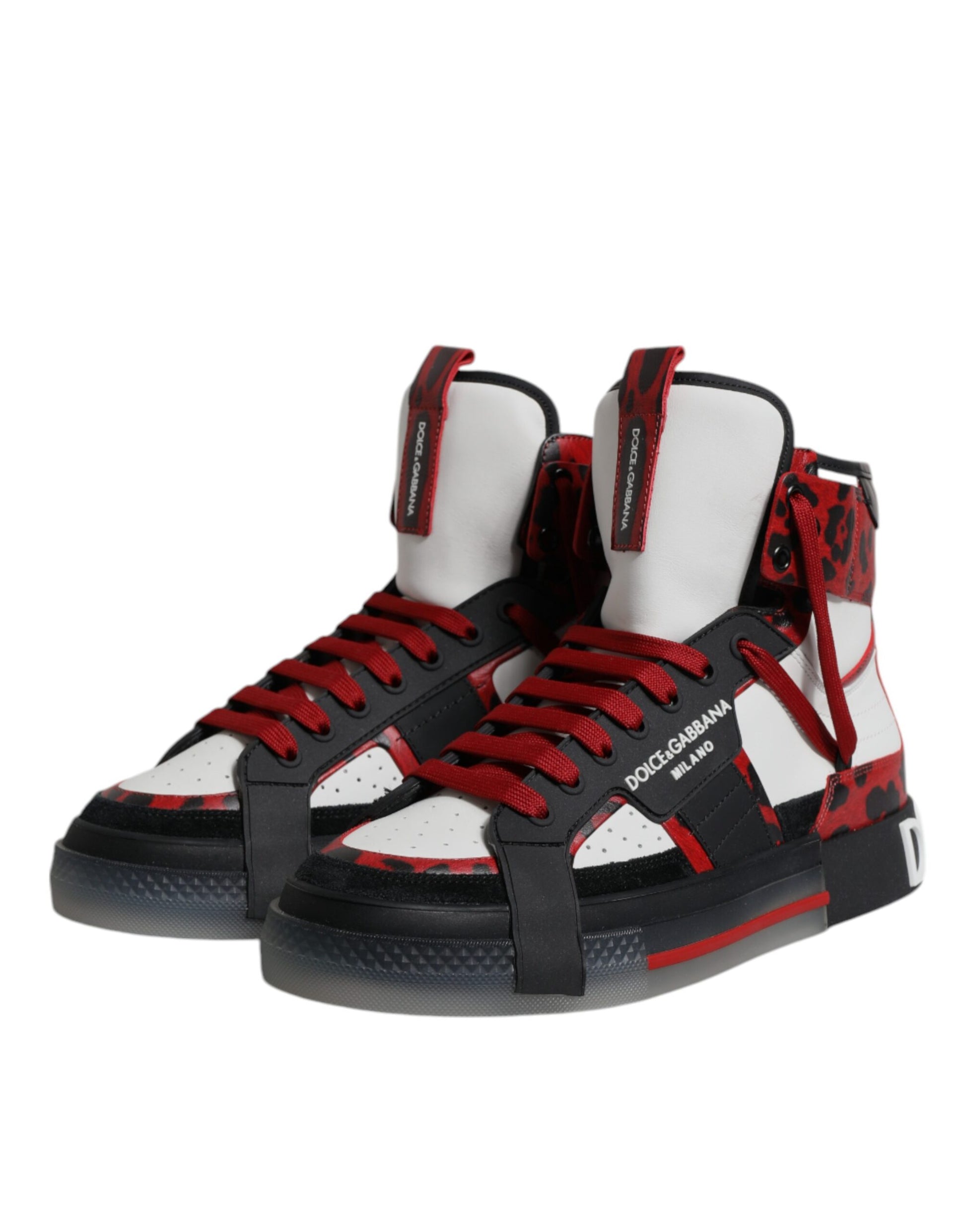 Red and black high top sneakers with white laces, featuring a multicolored leather design