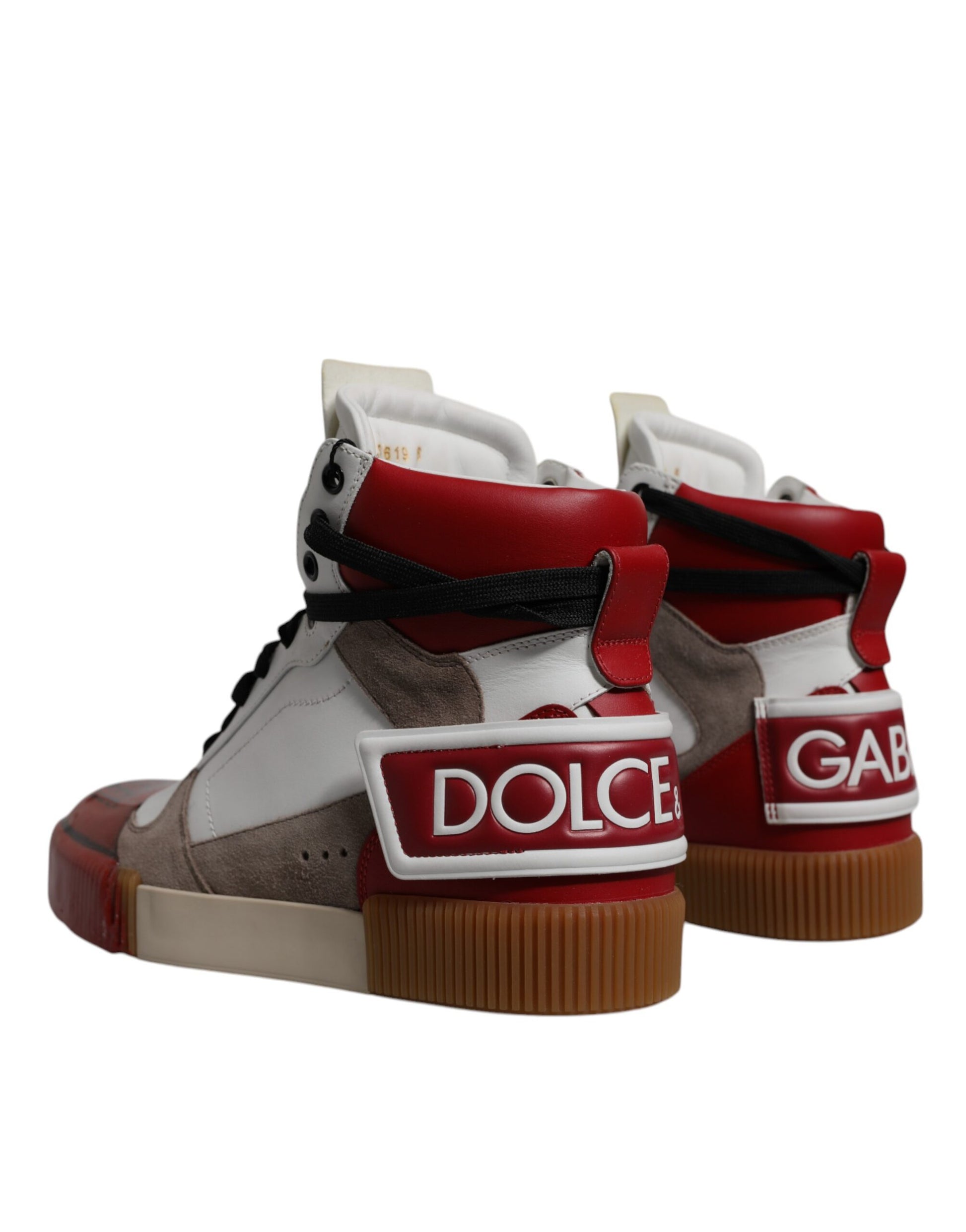 Red and white high top sneakers with red laces