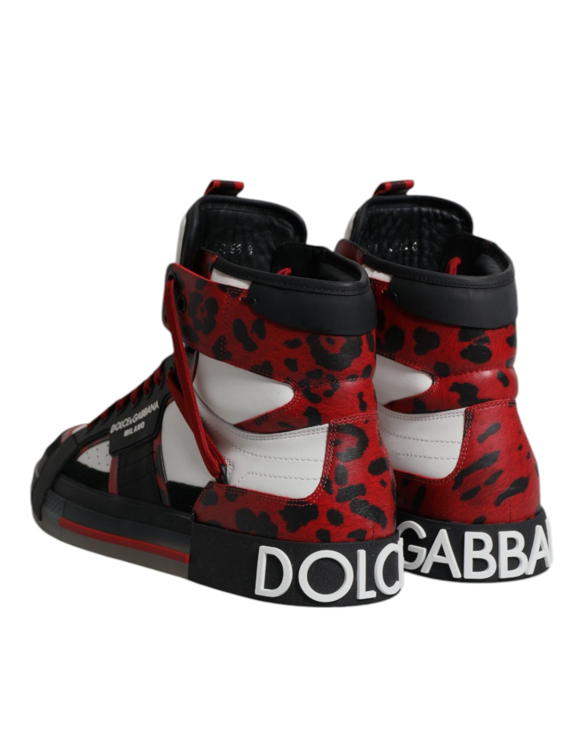 Red and black high top sneakers with leopard print accents, featuring the Dolce & Gabbana logo