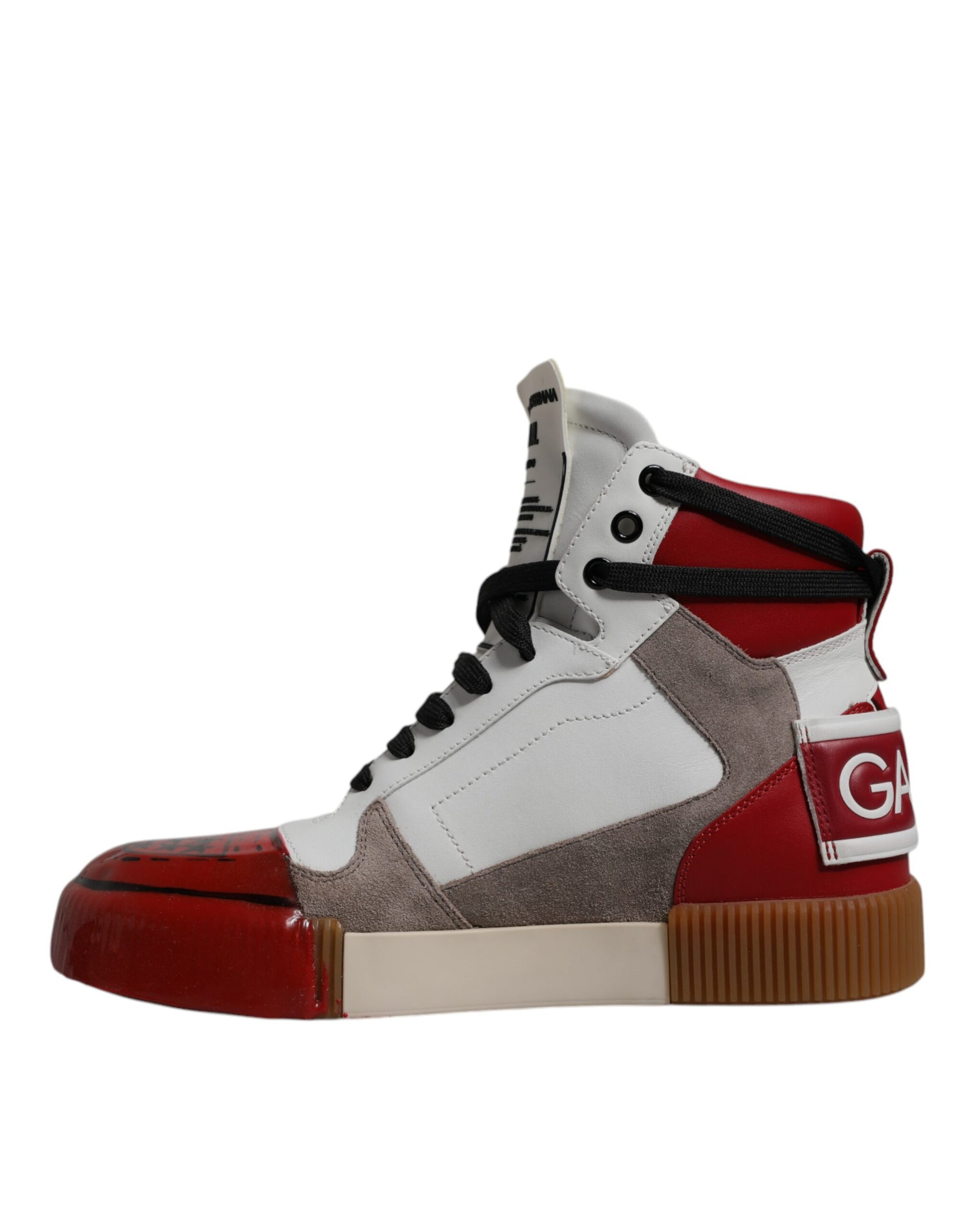 Red and white high top sneakers with laces