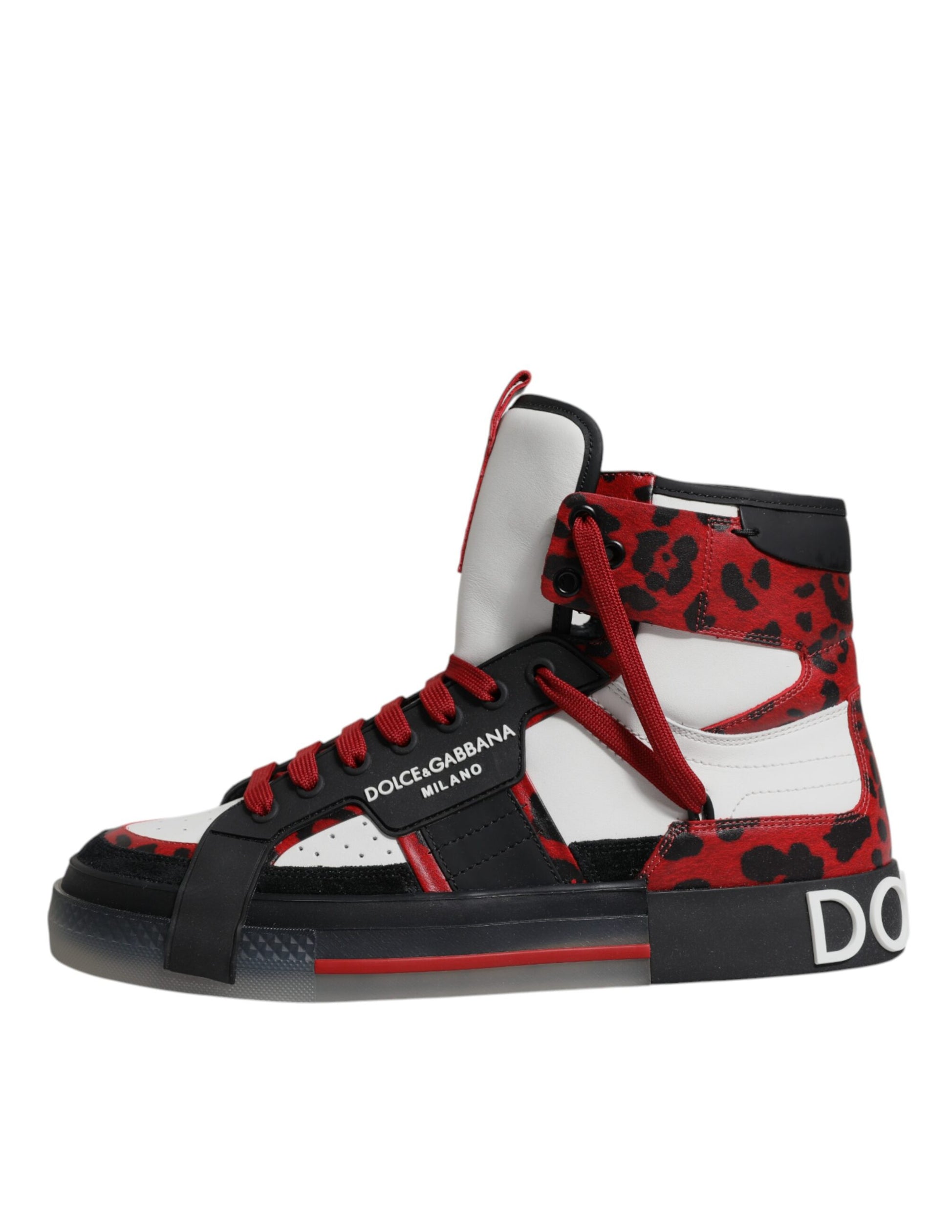 Red and black high top sneakers with leopard print accents, featuring the Dolce & Gabbana logo