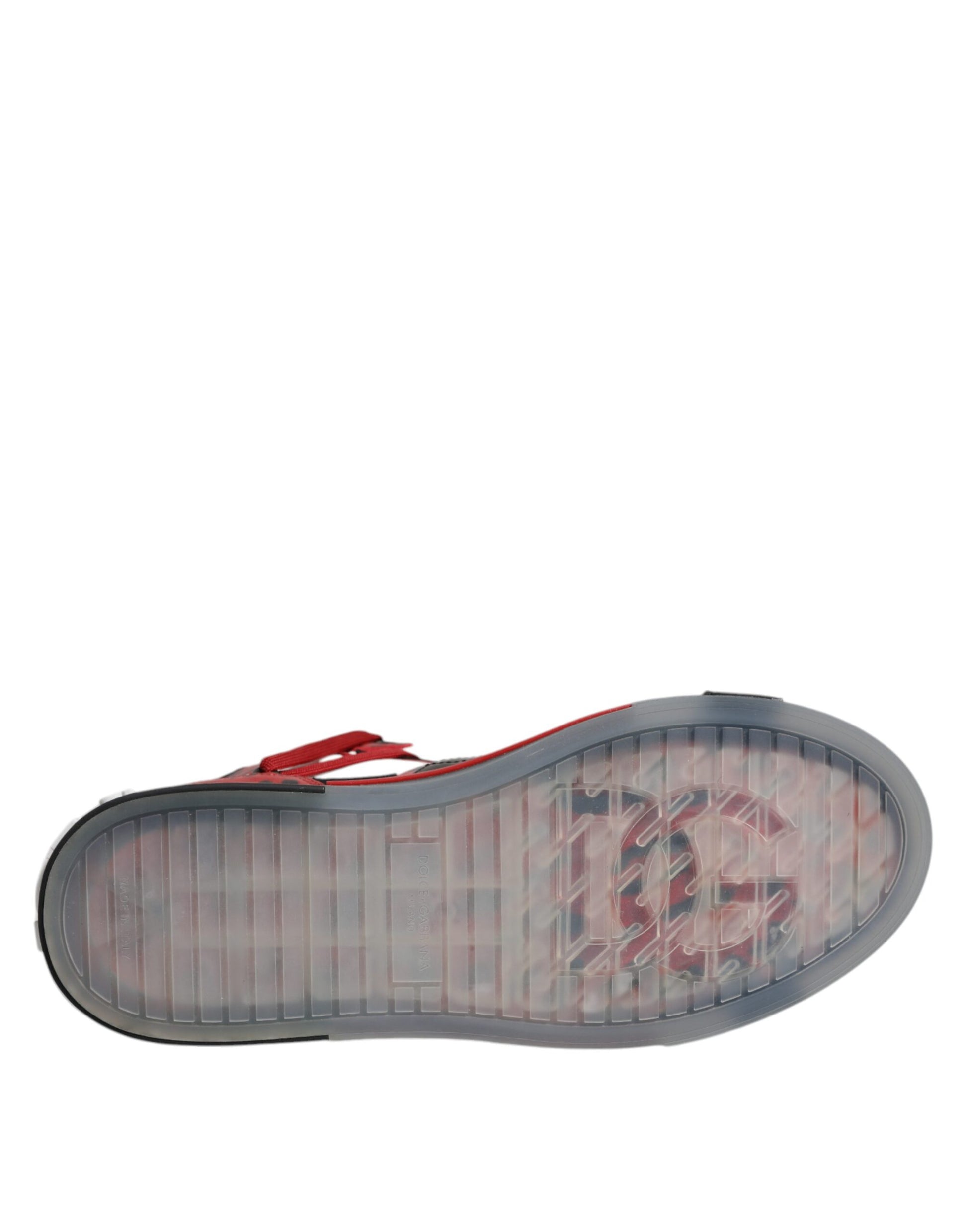 A single high top sneaker with multicolored leather and a red logo on the side