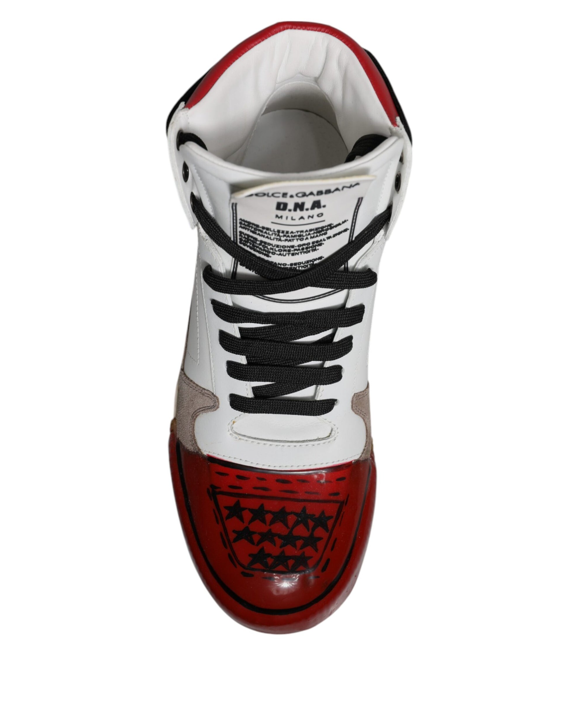 Red and white sneaker with black laces