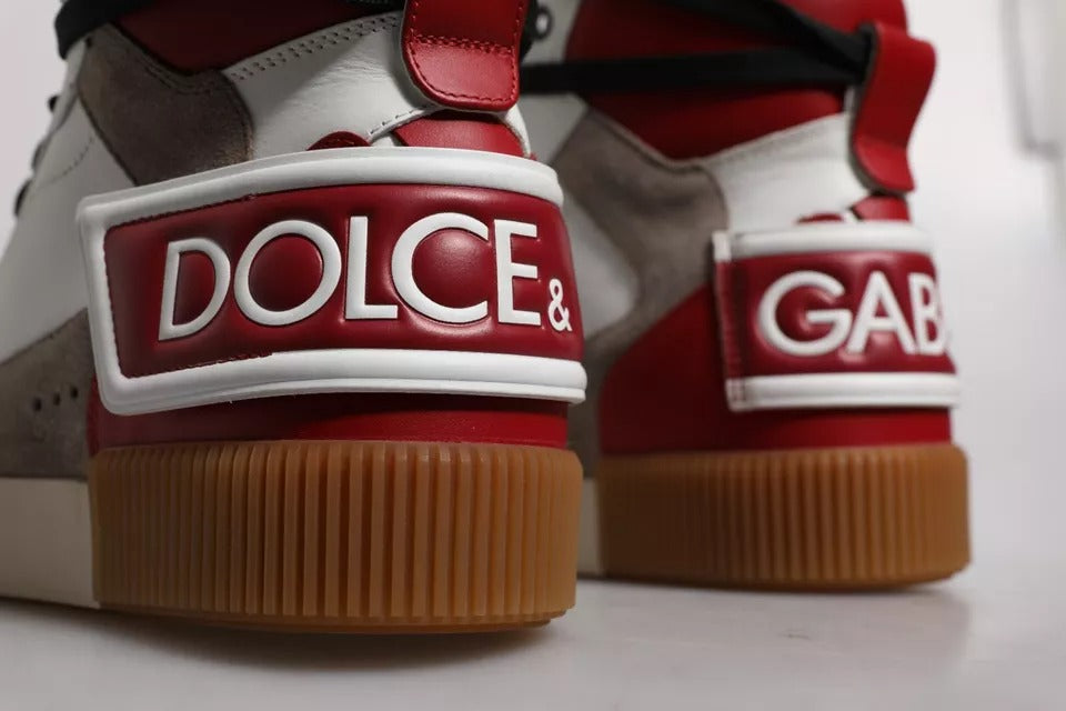 Red and white sneakers with brand name on side