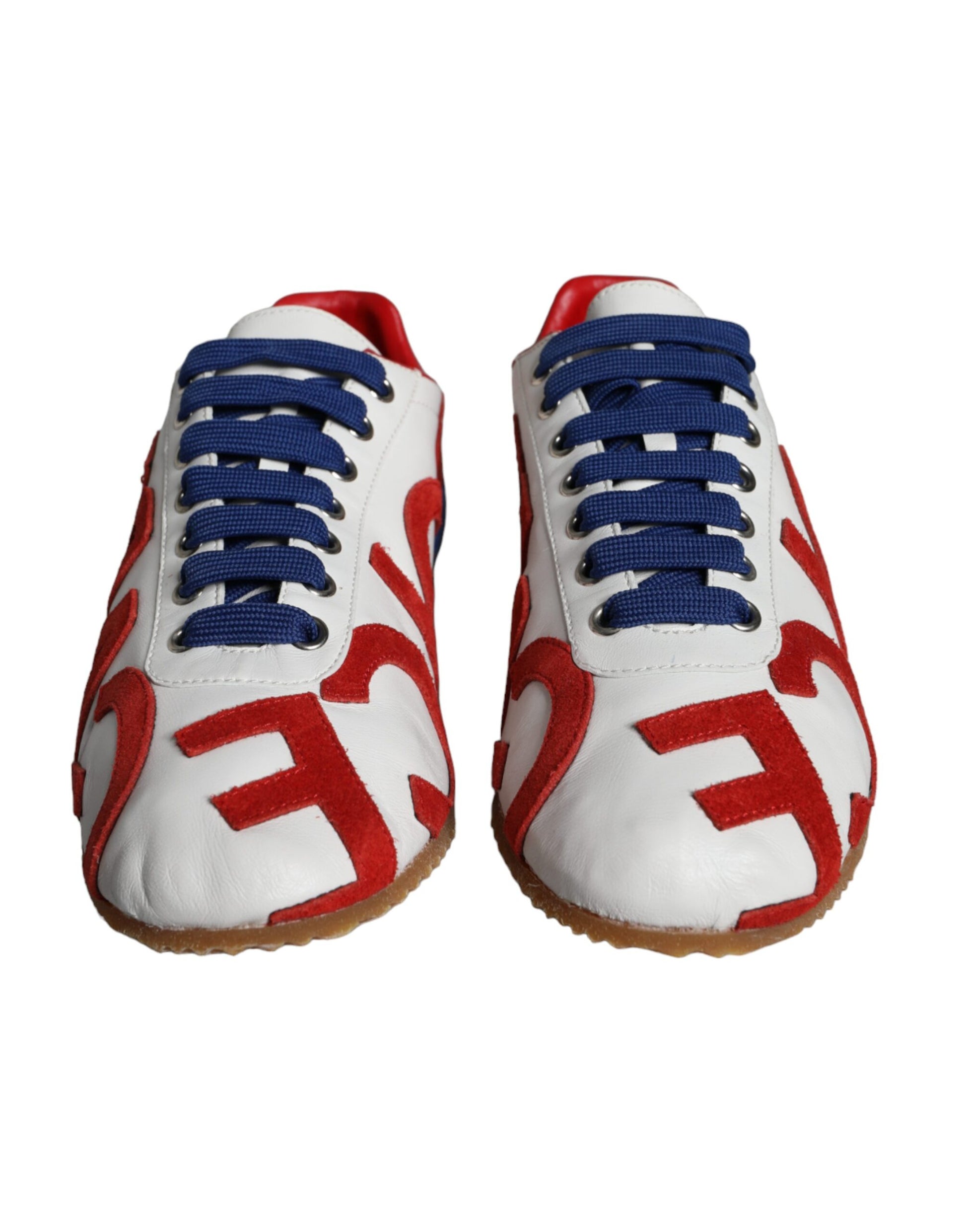 Red white and blue sneakers with multicolored leather logo
