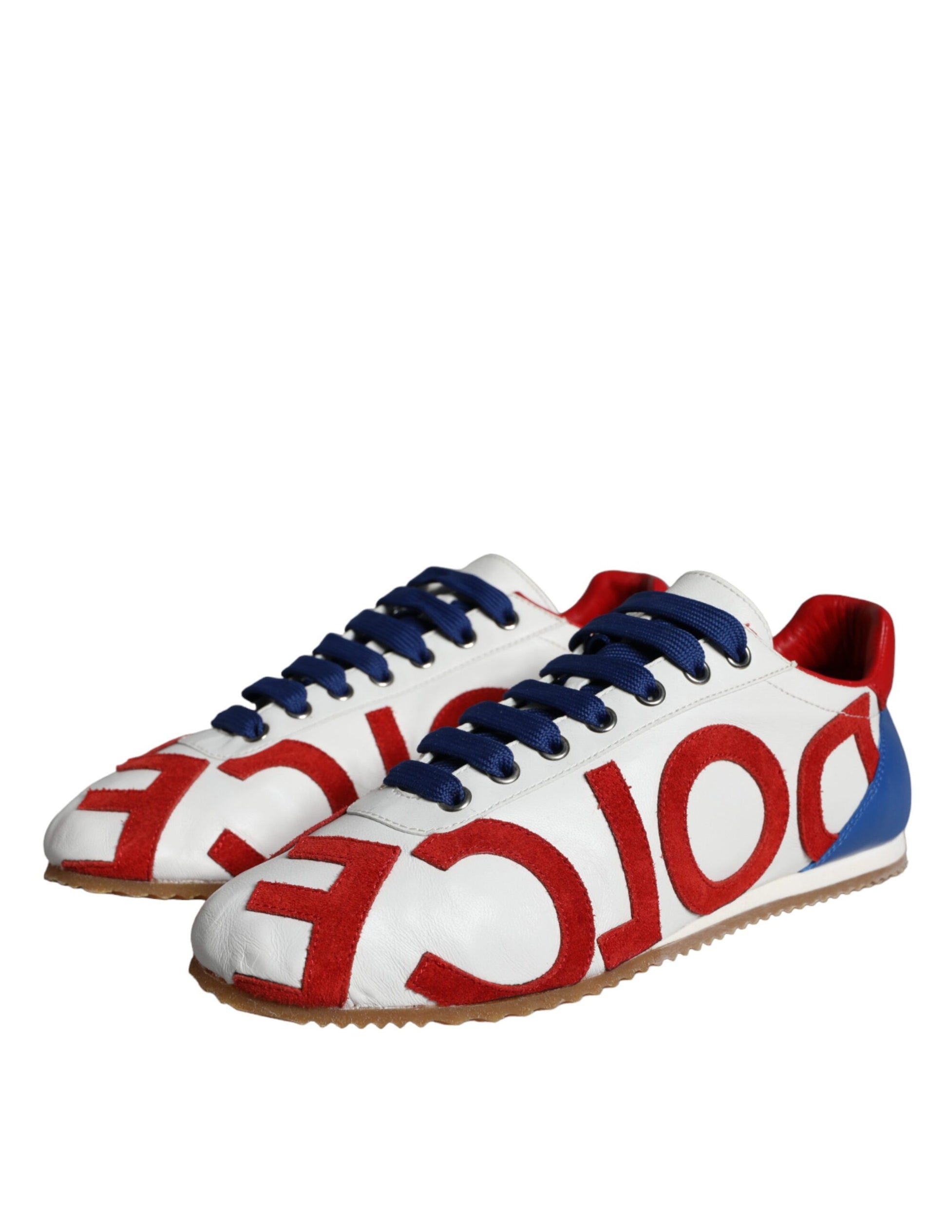 Red white and blue sneakers with logo on side