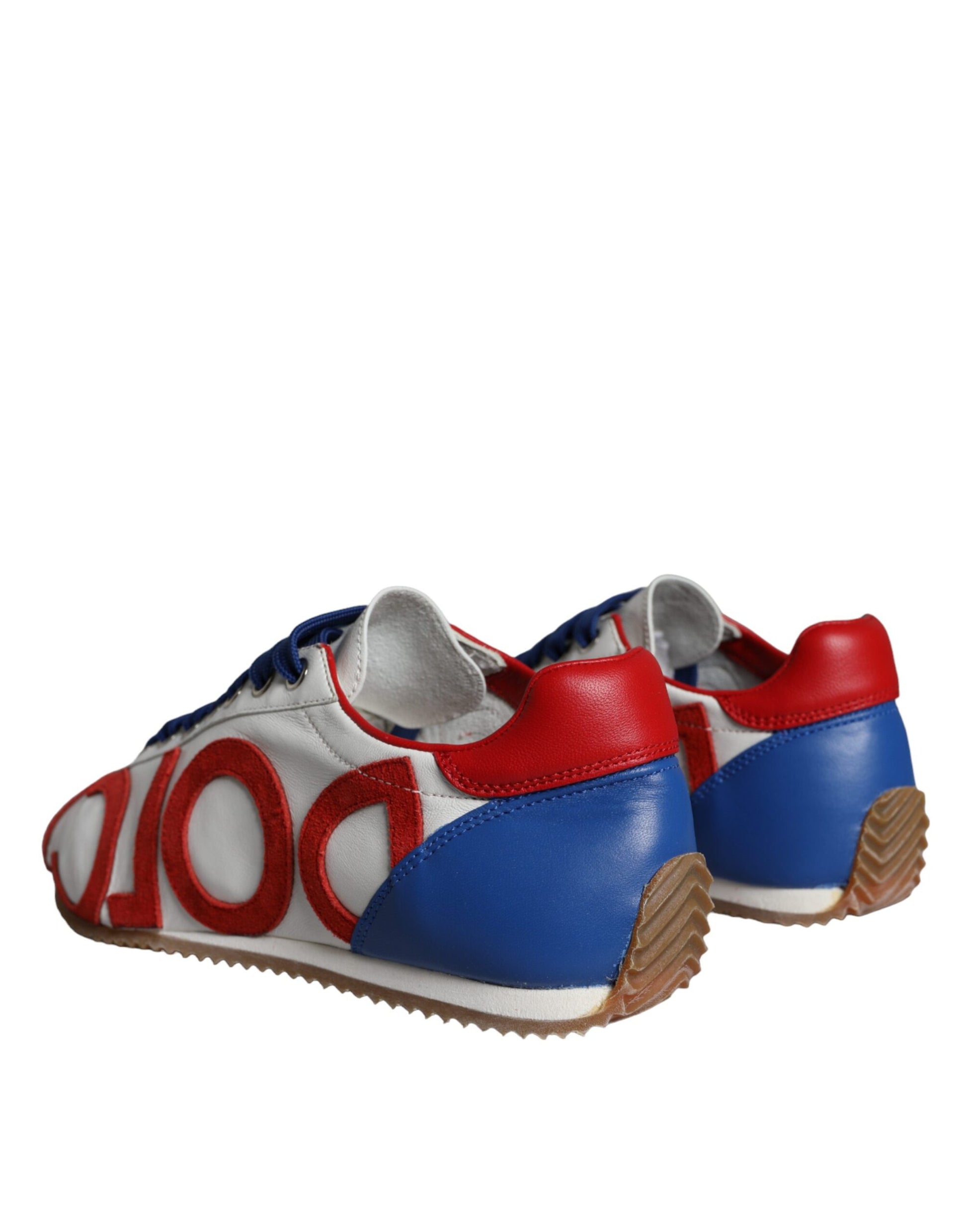 Red, white, blue leather sneakers with logo on side and sole