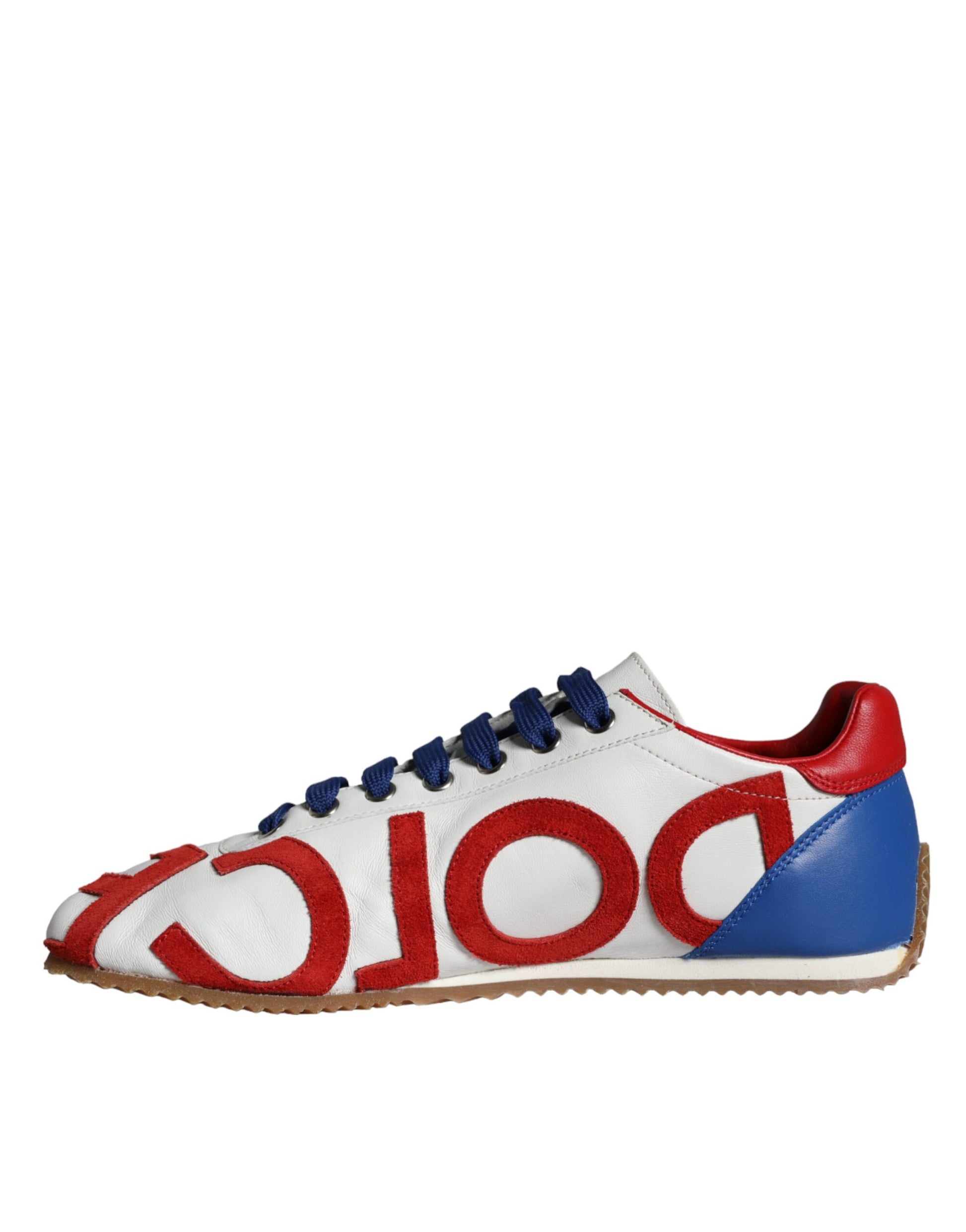 Red white blue sneakers with logo on side