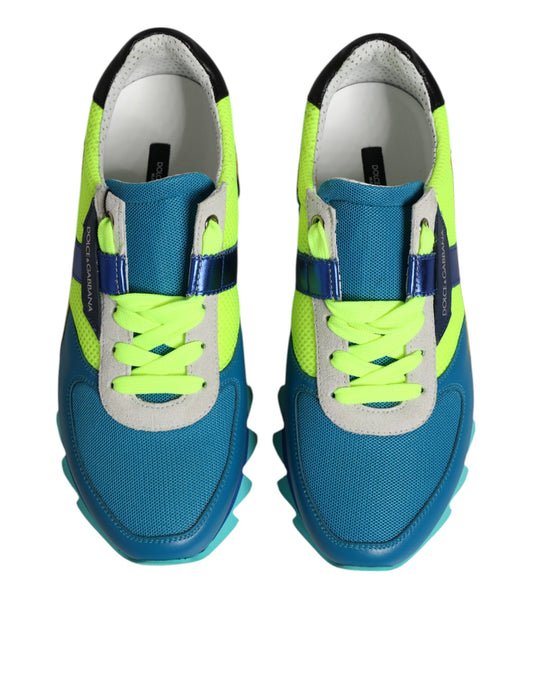 Pair of blue sneakers with yellow laces
