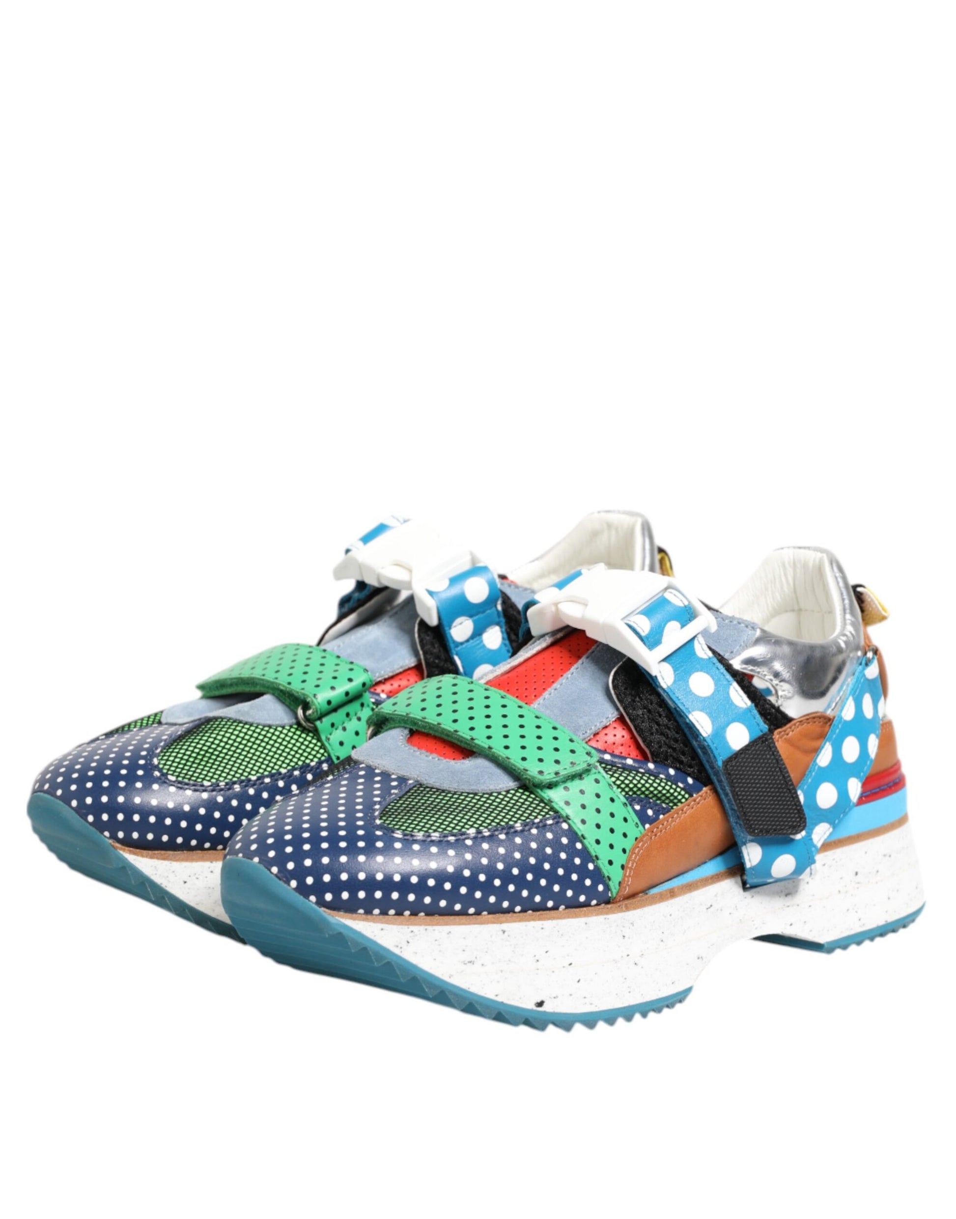 Colorful sneakers with polka dots on a white background