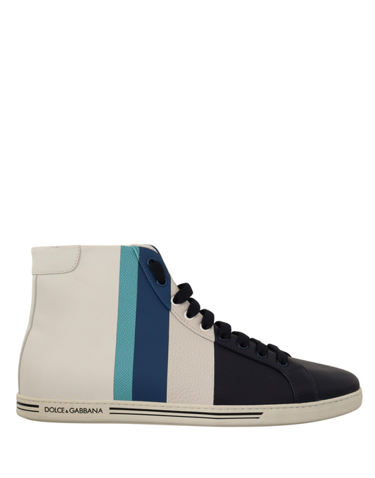 High top sneaker with white base, blue stripe, and black laces