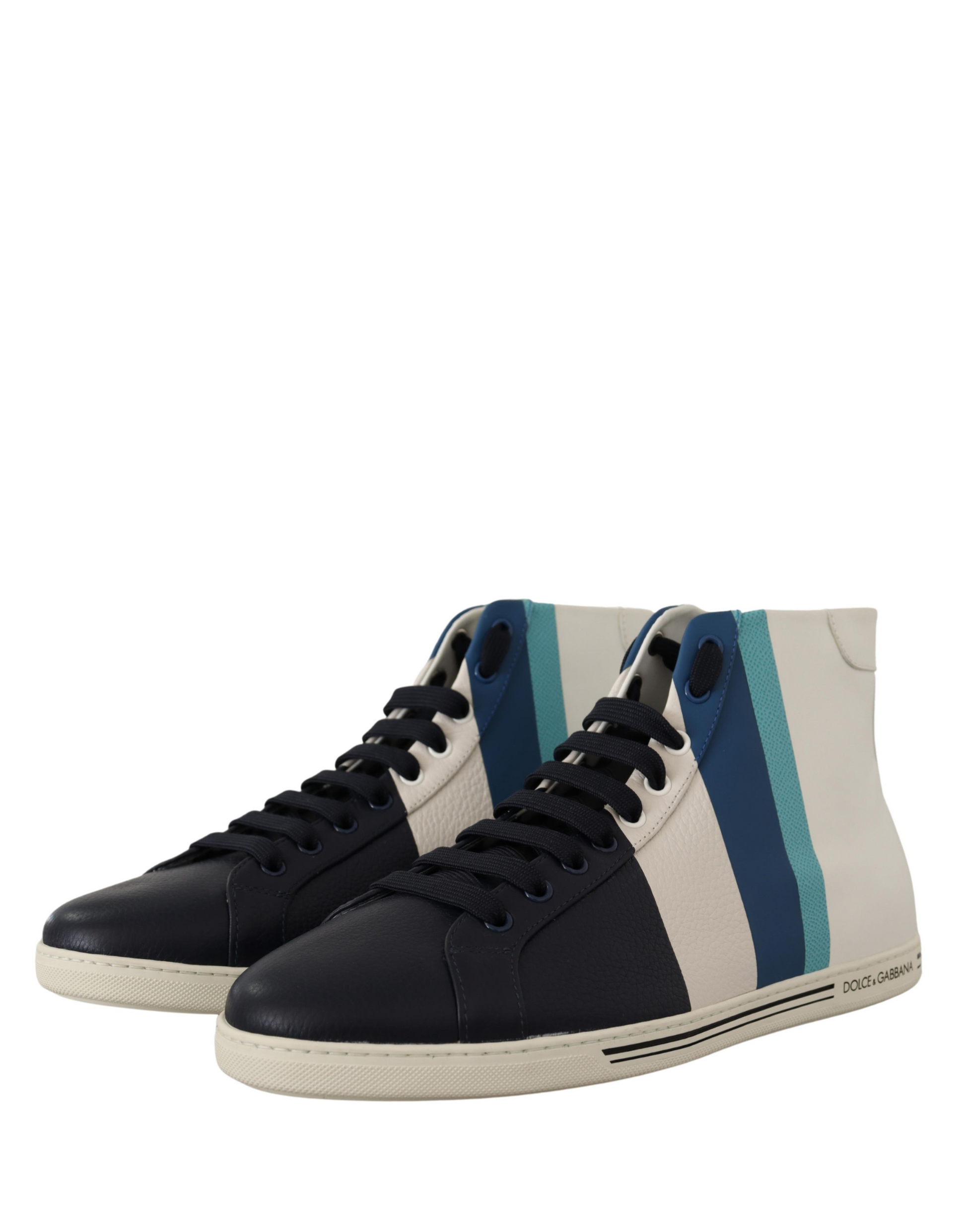 Pair of black sneakers with white stripes and blue accents