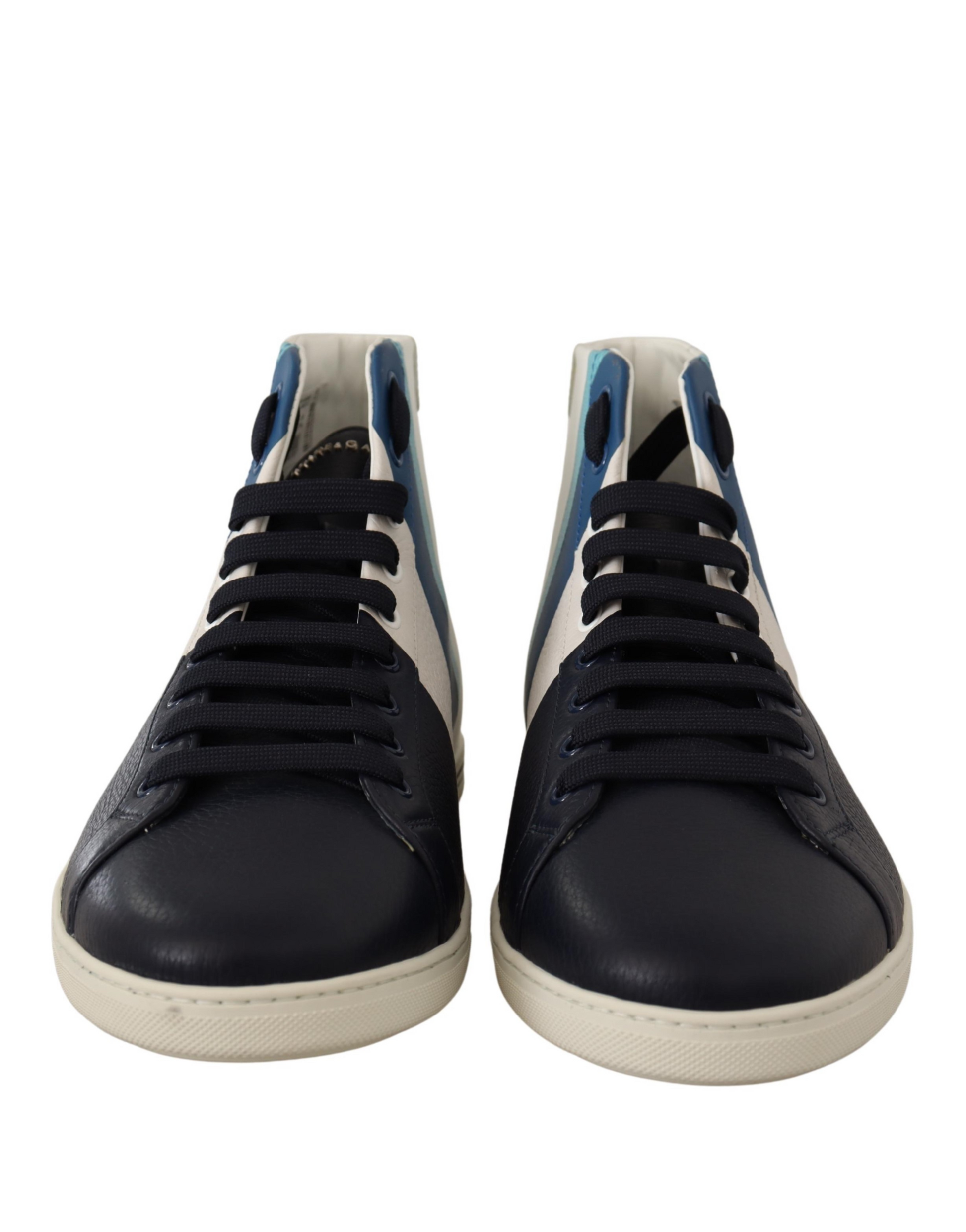 Pair of black sneakers with white laces and blue stripe on side