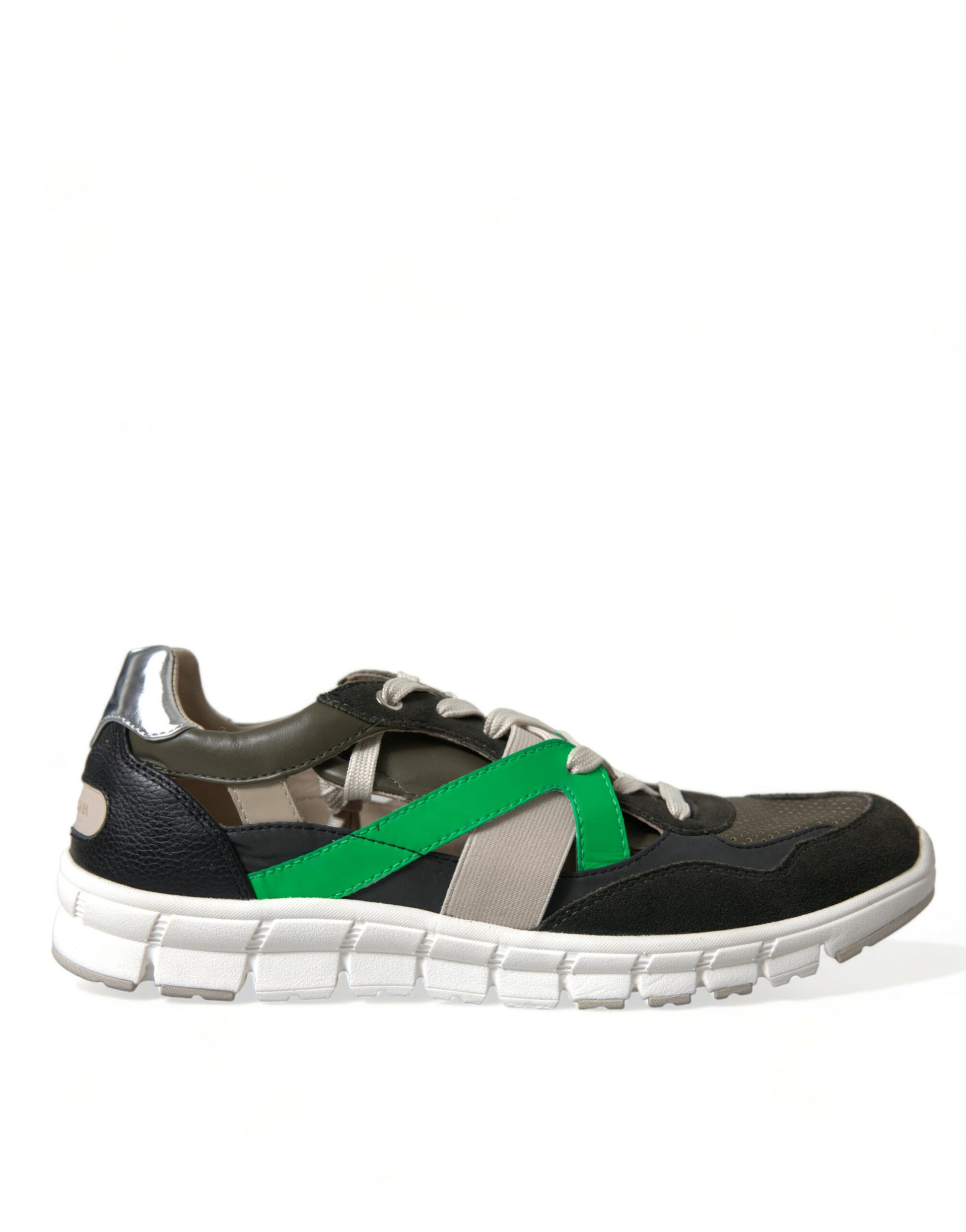 Black and white sneaker with green accents