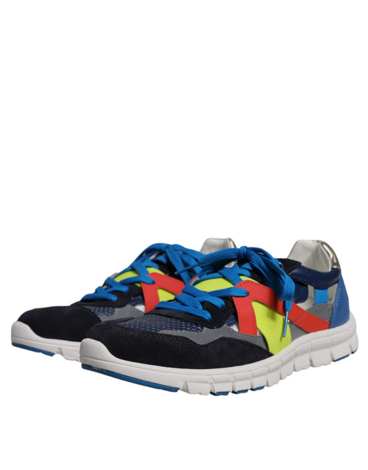 Blue and black sneaker with colorful laces