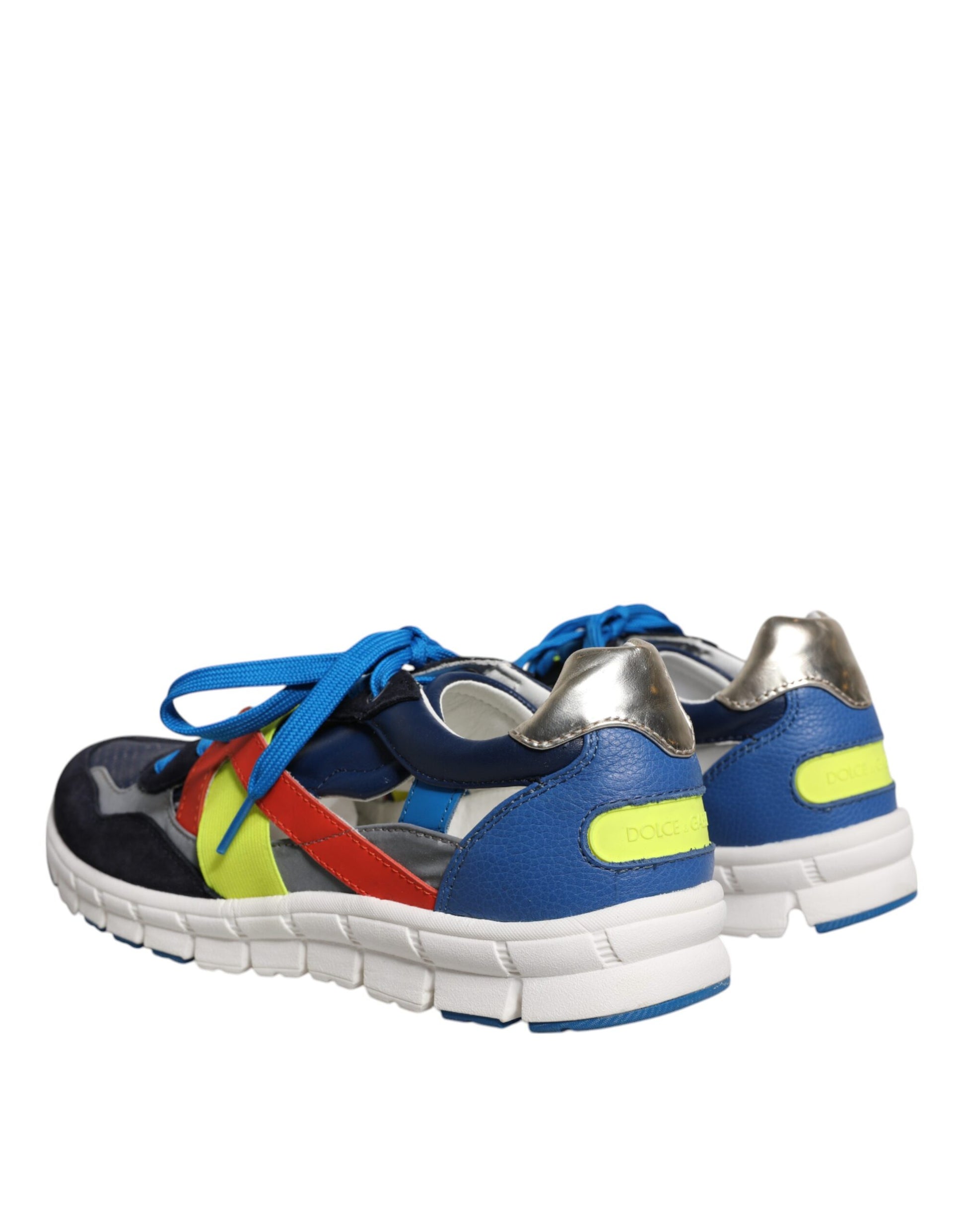 Pair of colorful sneakers with laces and a white sole