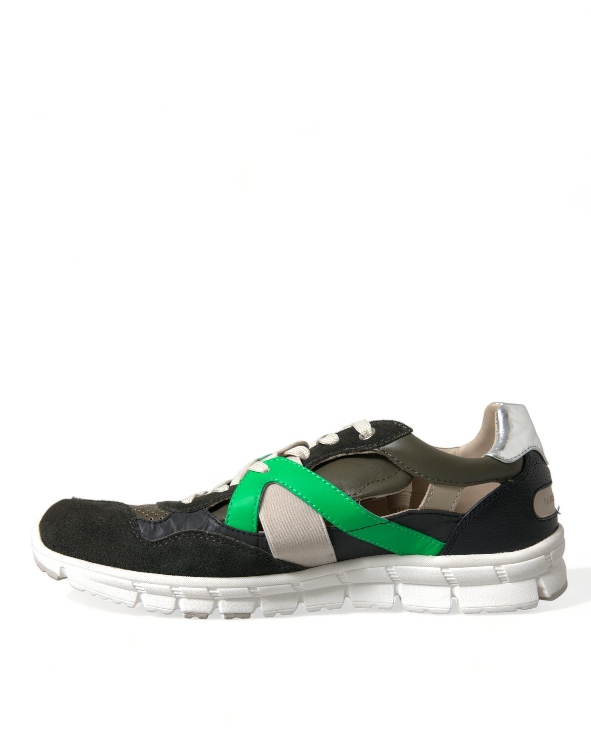 Black and white sneaker with green accents