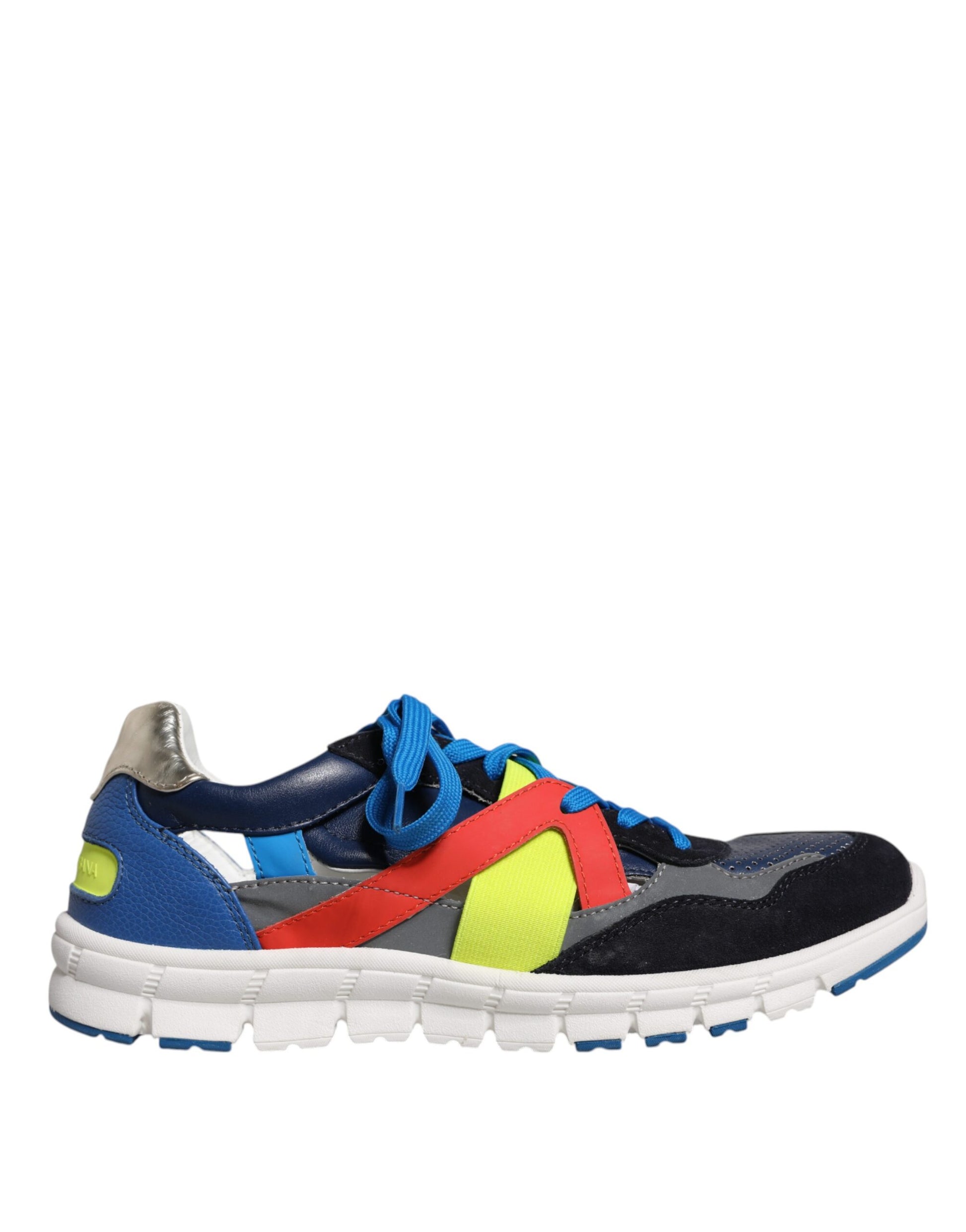 Blue and red sneaker with white sole