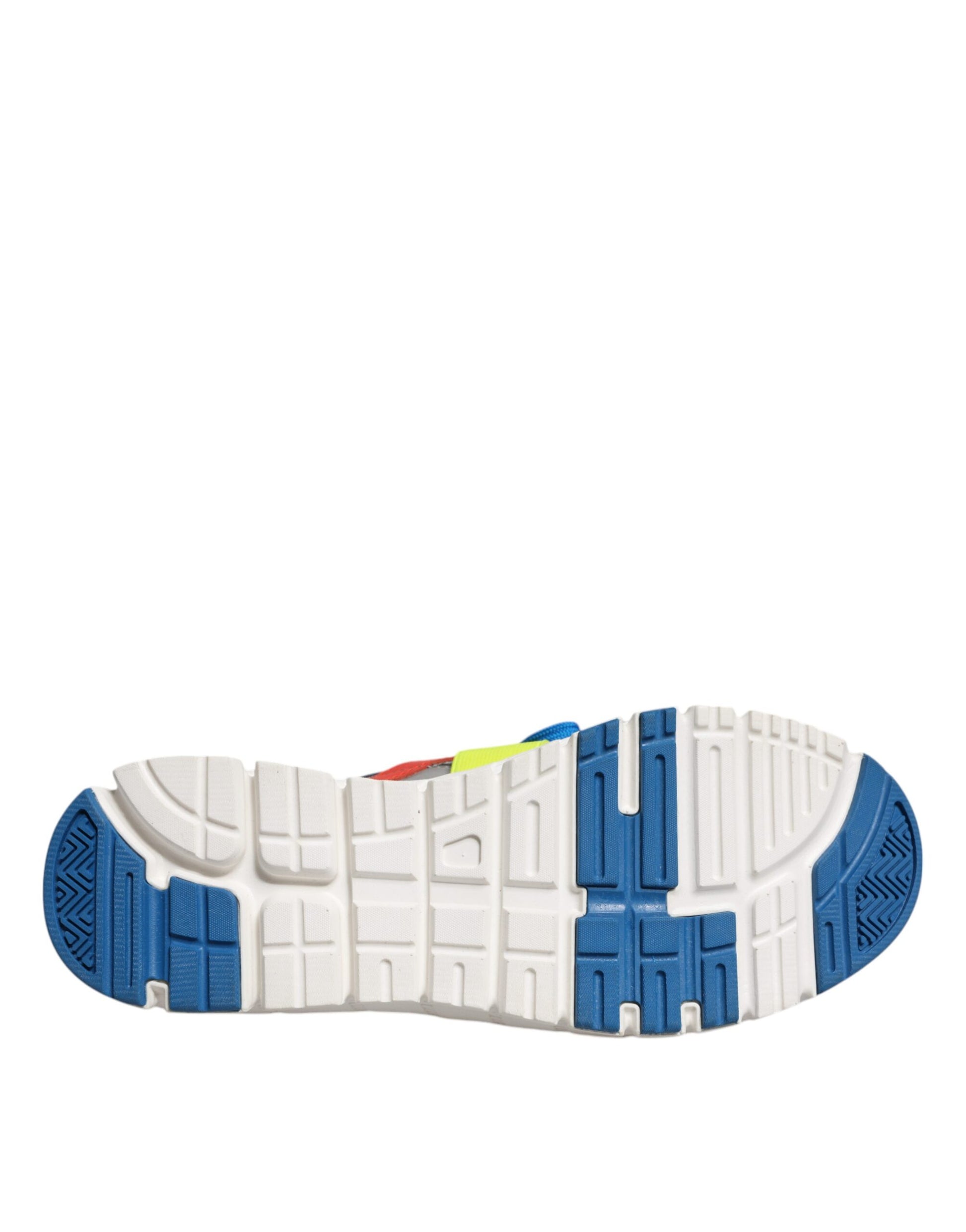 Blue and white athletic shoe with cleats on bottom
