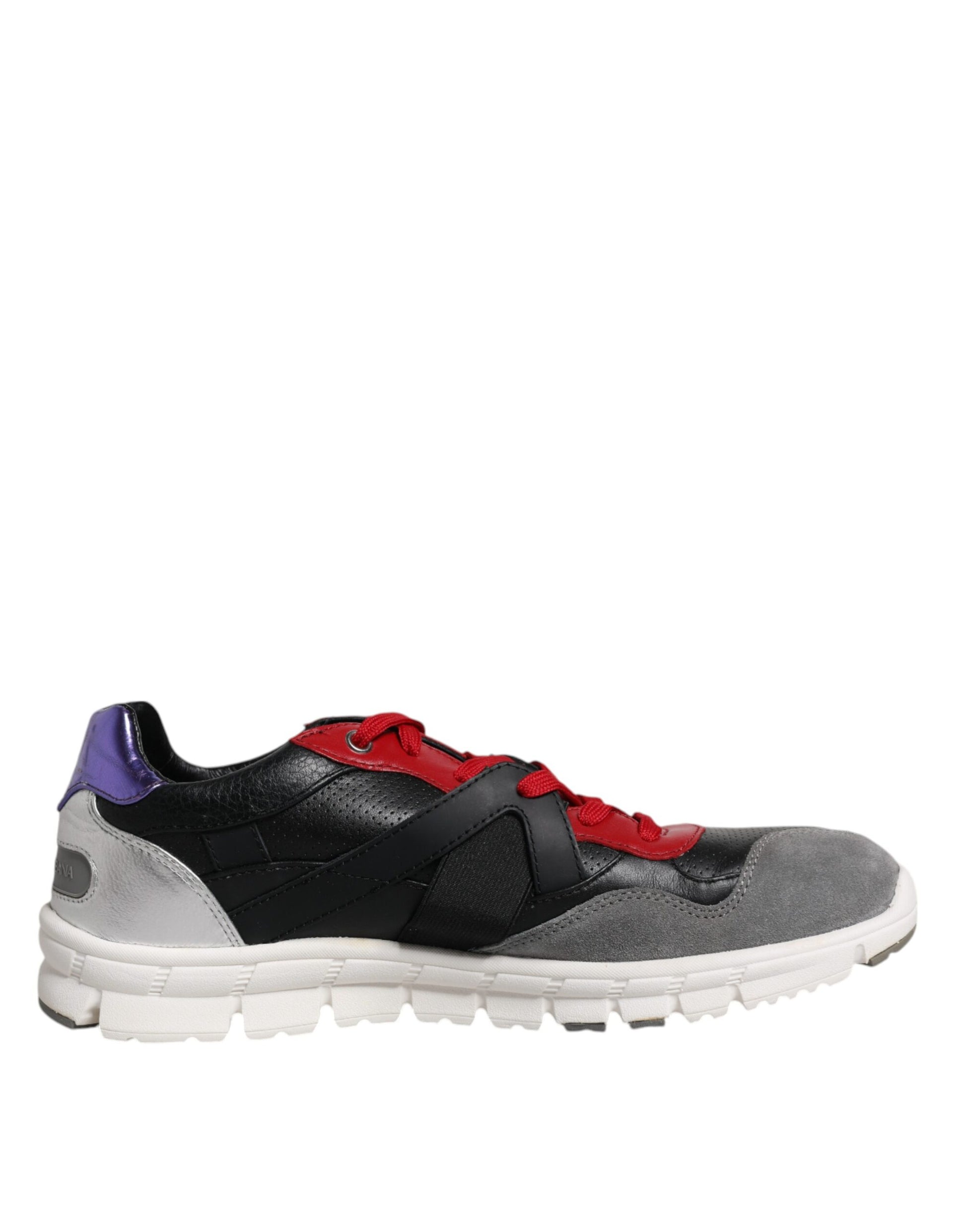 Black and red sneaker with white sole