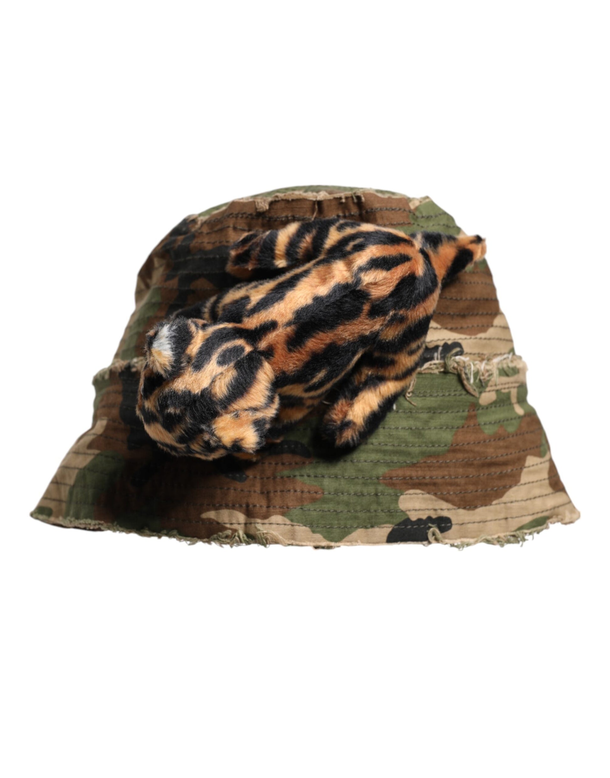 Camouflage bucket hat with stuffed animal on top