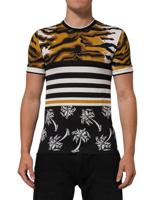 Striped short sleeve shirt with tiger print and palm tree design