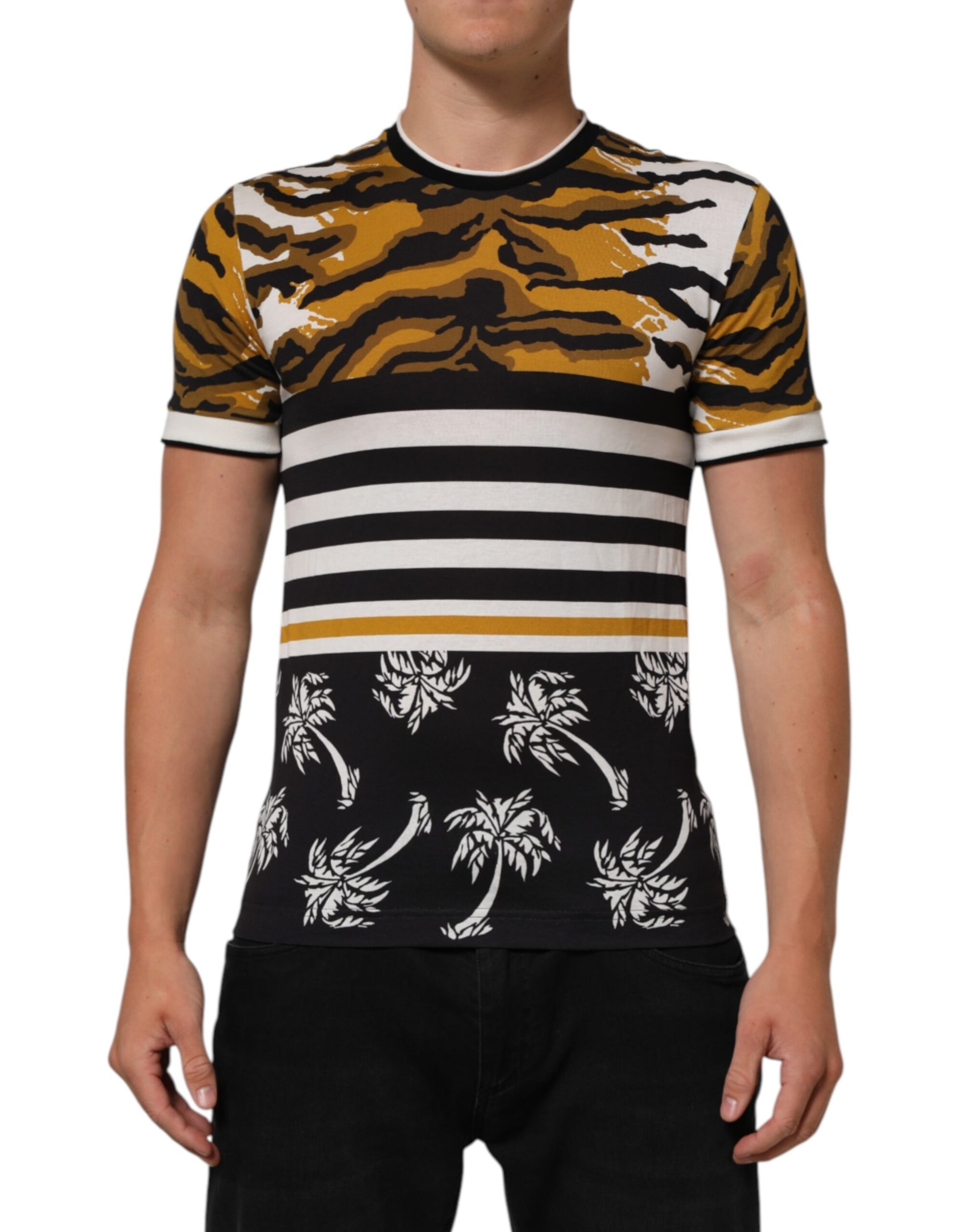 Men's short sleeve t-shirt with striped pattern and palm tree design