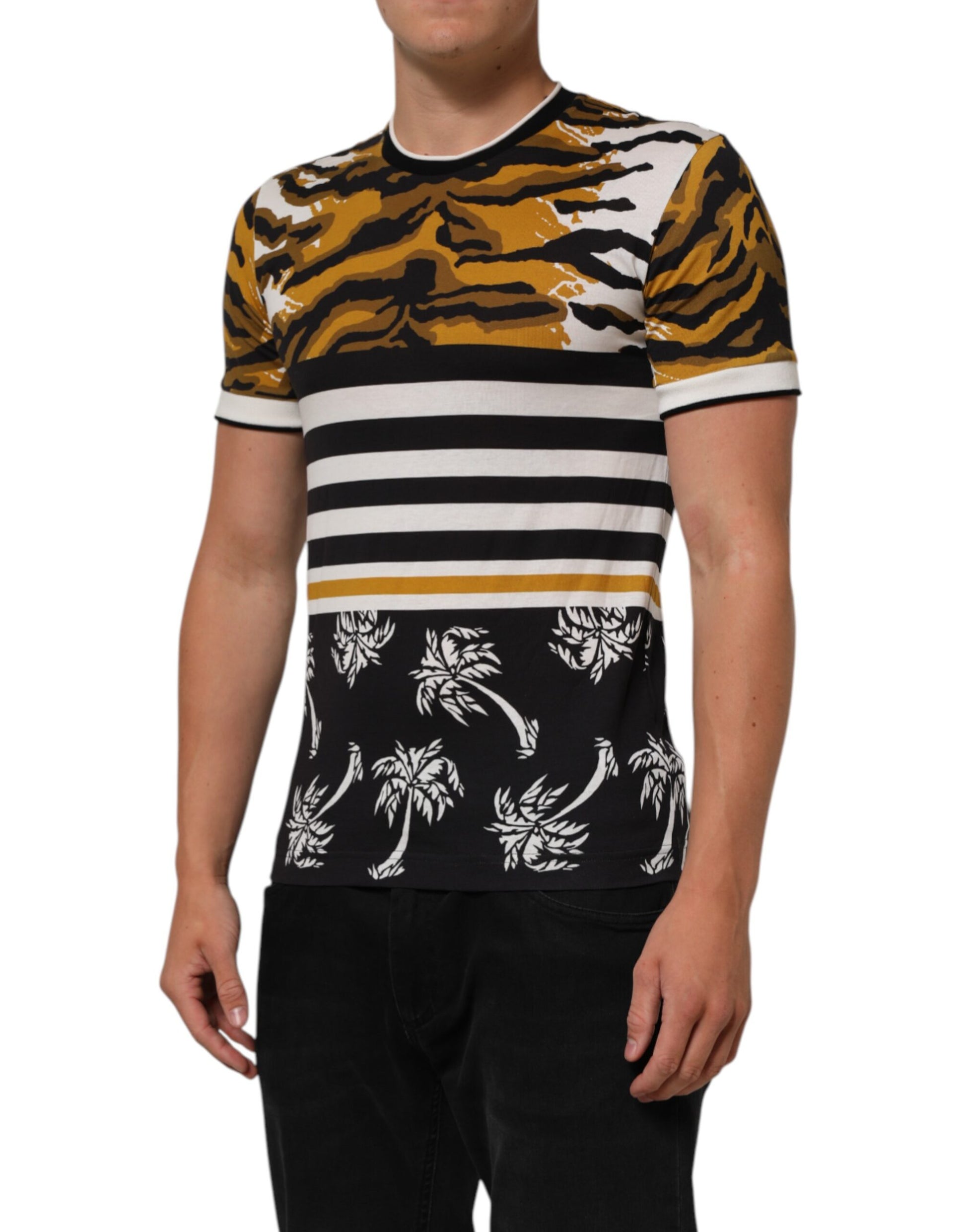 Man wearing striped shirt with tiger print and palm trees