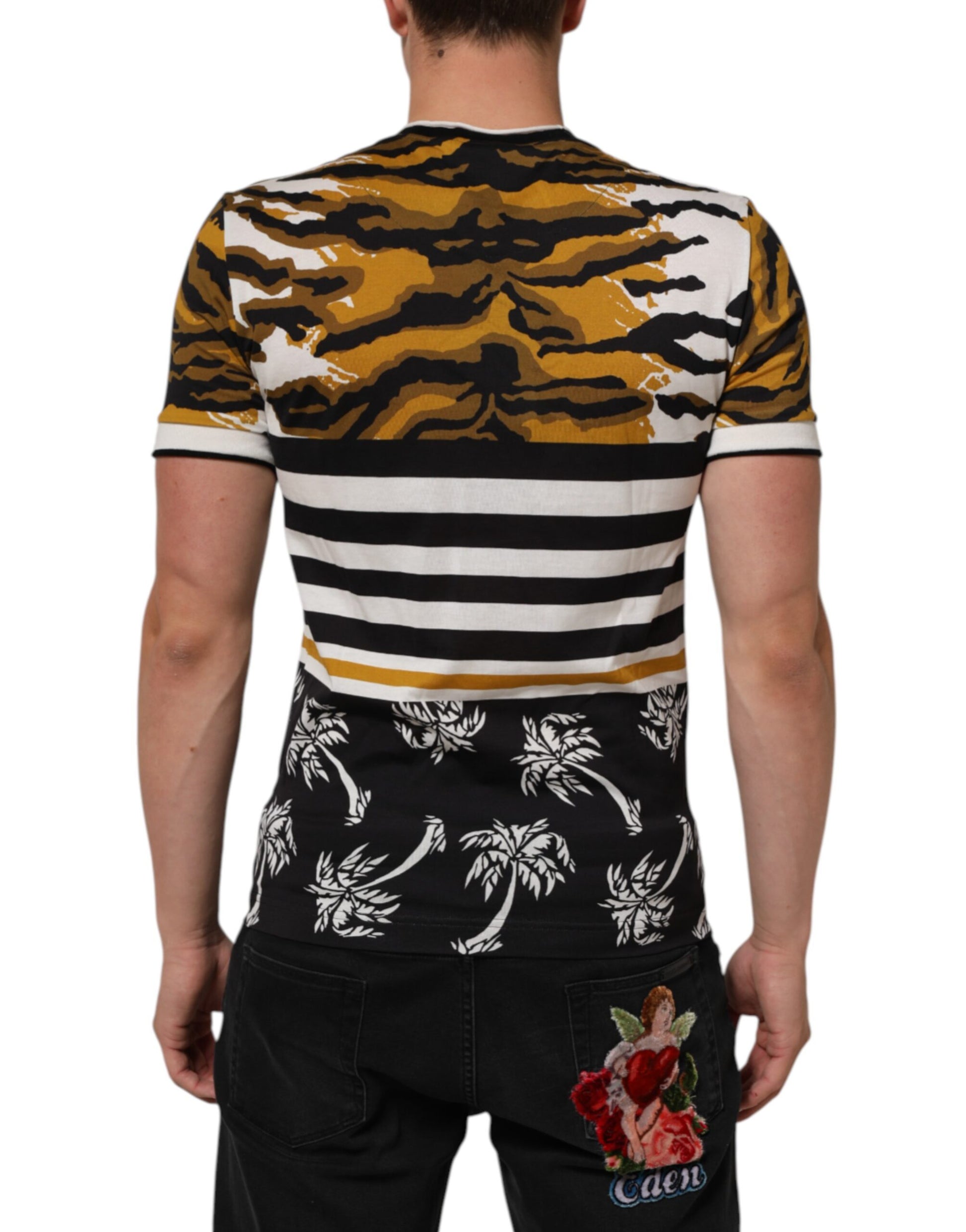 Man wearing a tiger print shirt with black and yellow stripes
