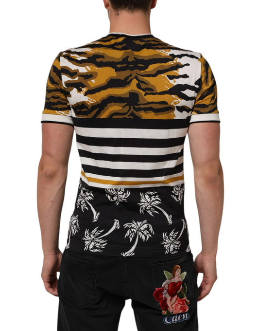 Man wearing a tiger print shirt with black and yellow stripes