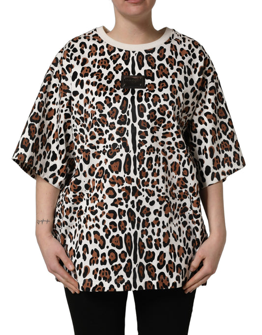 A woman wearing a leopard print crew neck t-shirt by Dolce & Gabbana