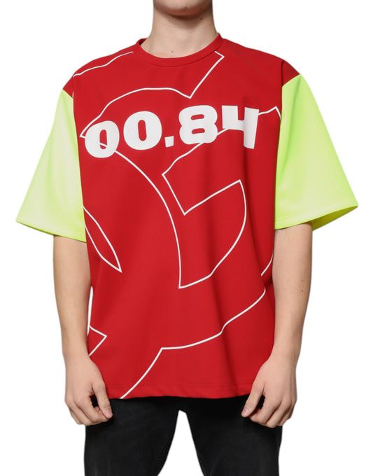 Red and yellow graphic t-shirt with white numbers and design