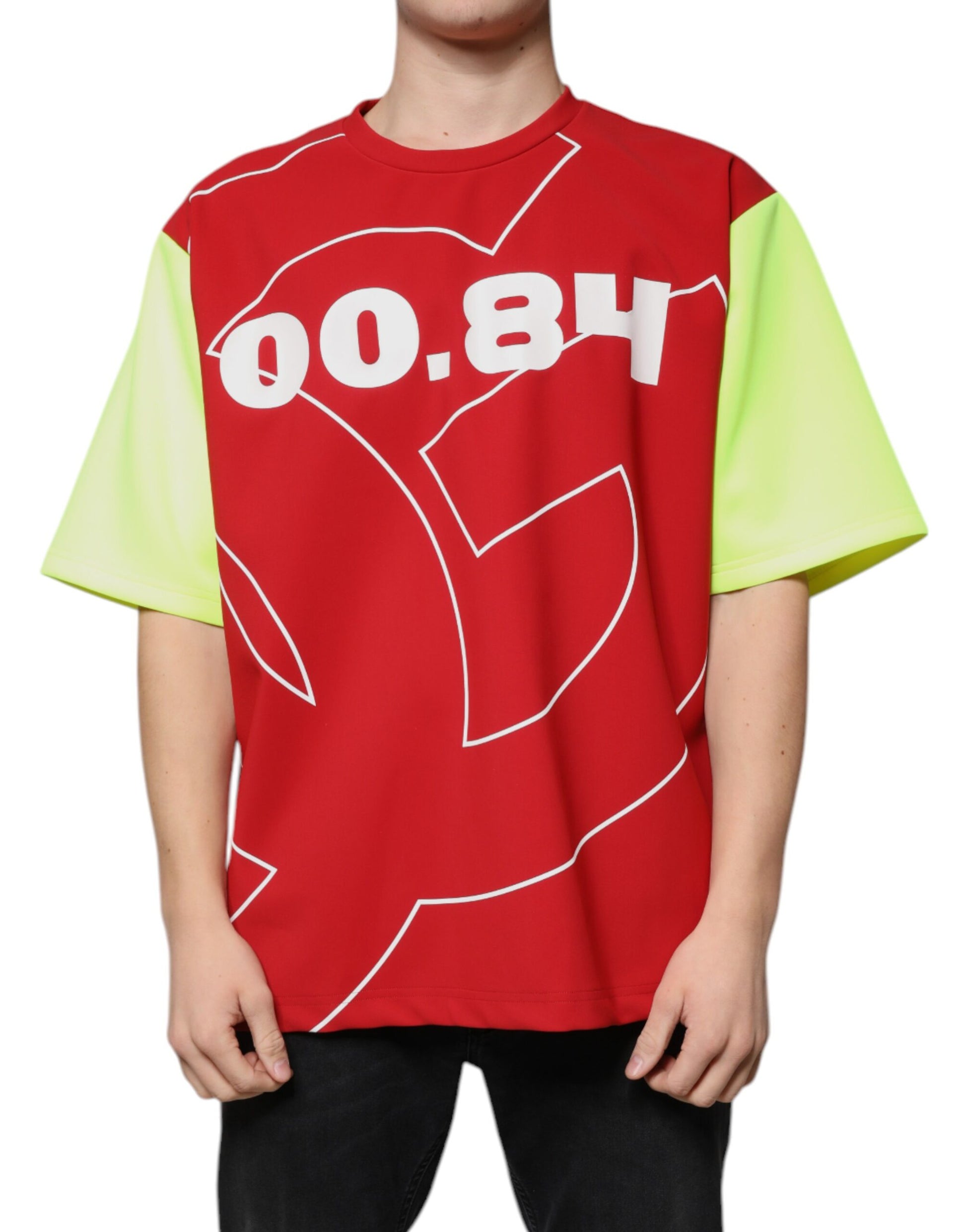 Red and yellow graphic t-shirt with white numbers and design