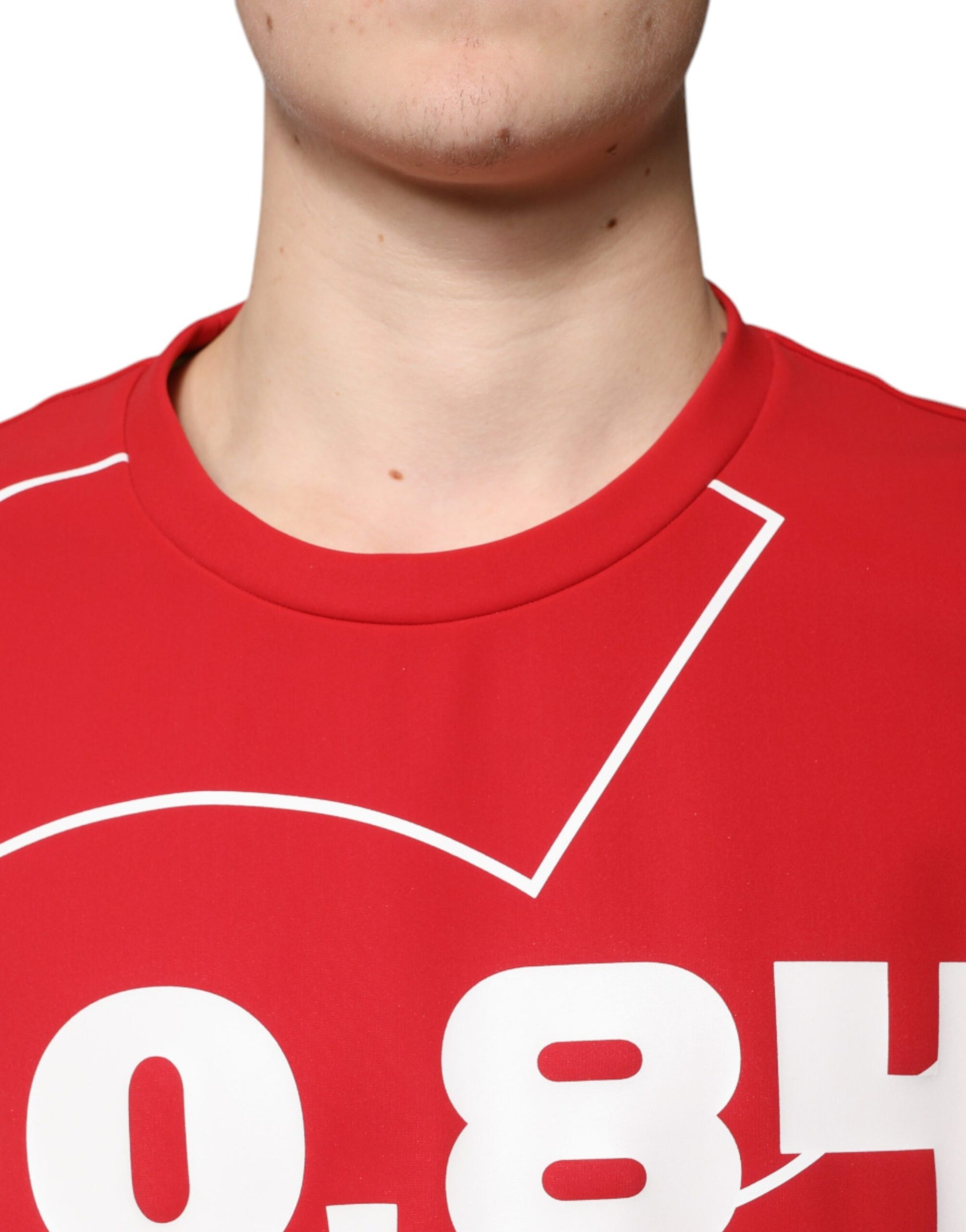 Red shirt with white lettering on front