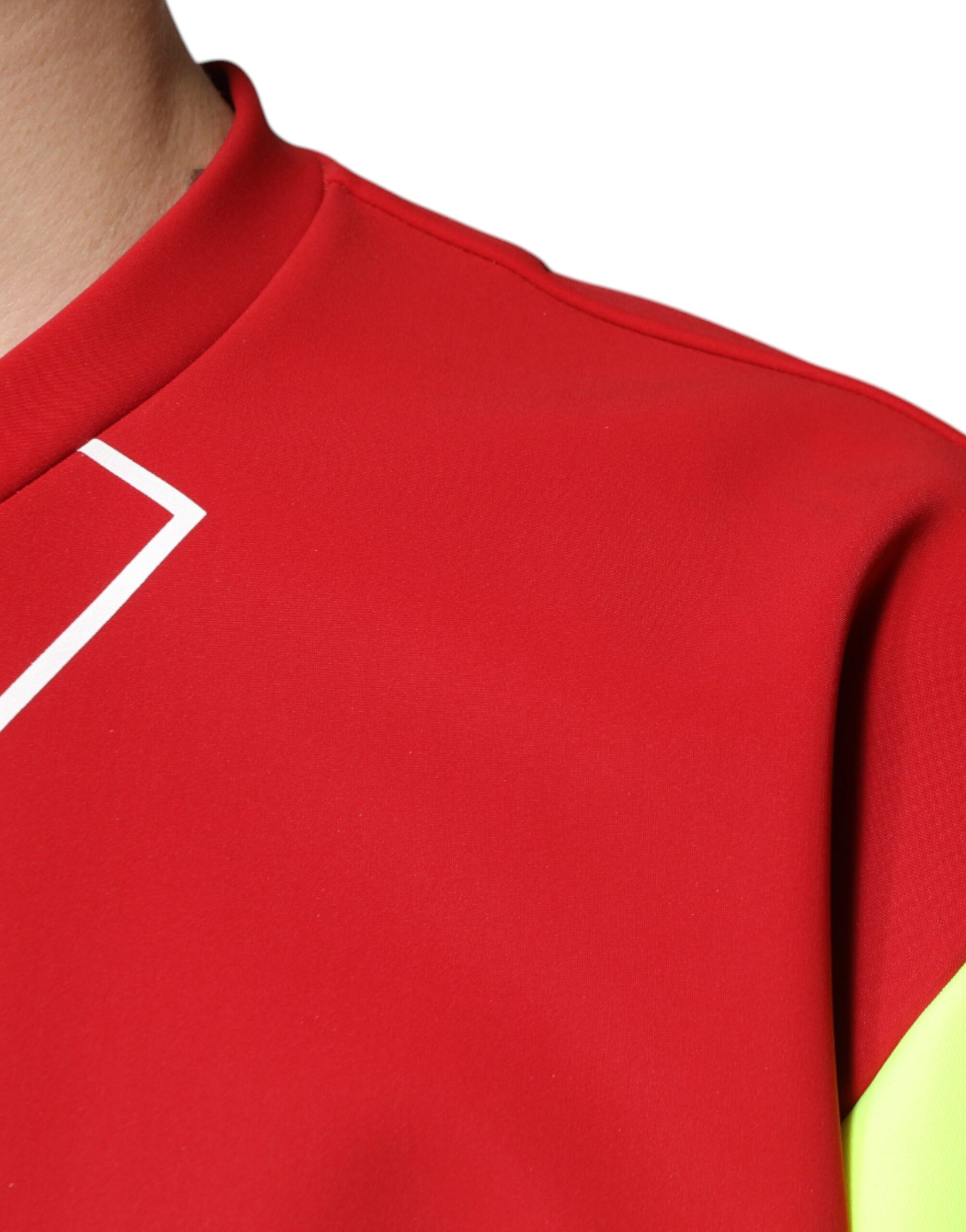 Red long sleeve shirt with white trim on neckline