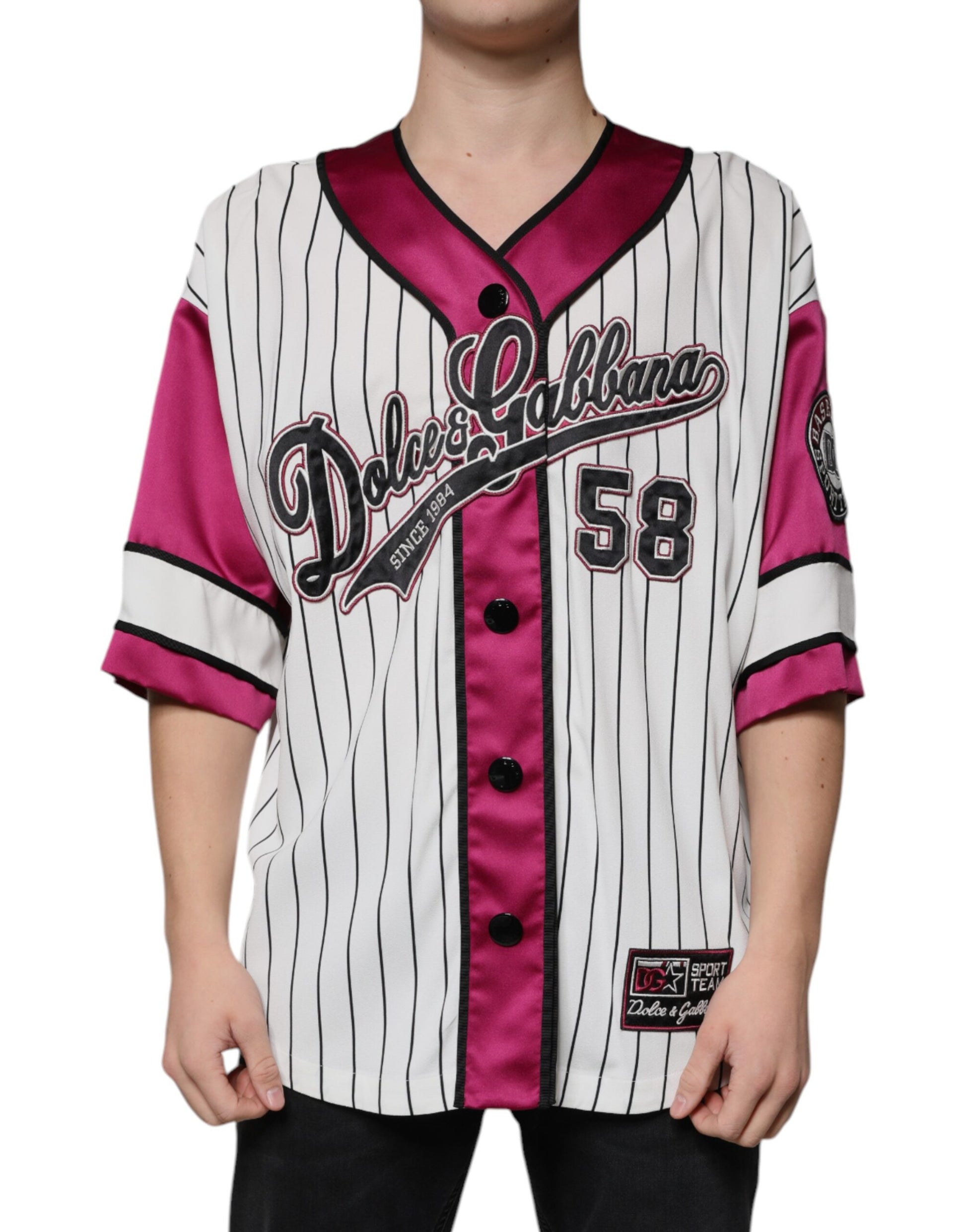Pink and white baseball jersey with number 68 on back