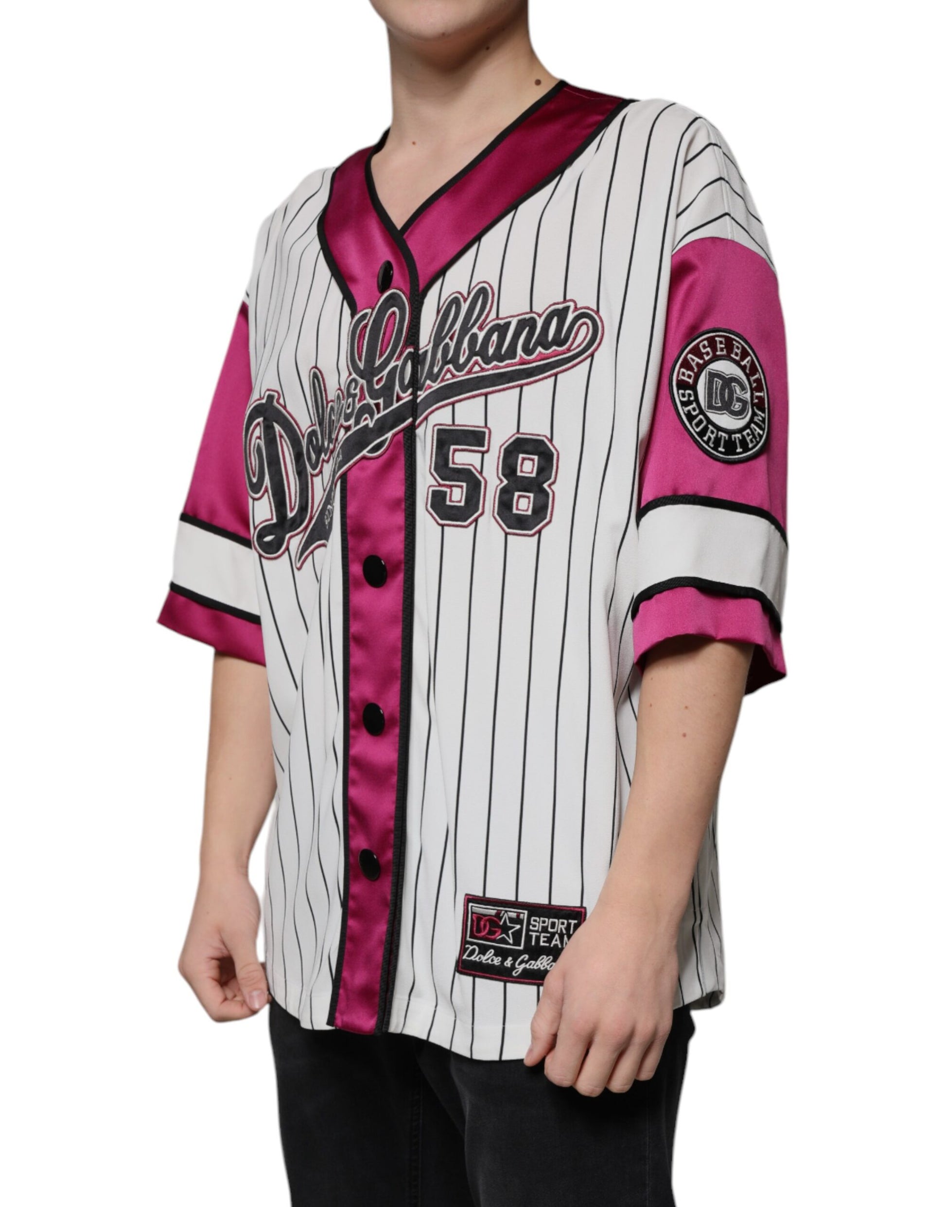Pink and white baseball jersey with number 68 on back