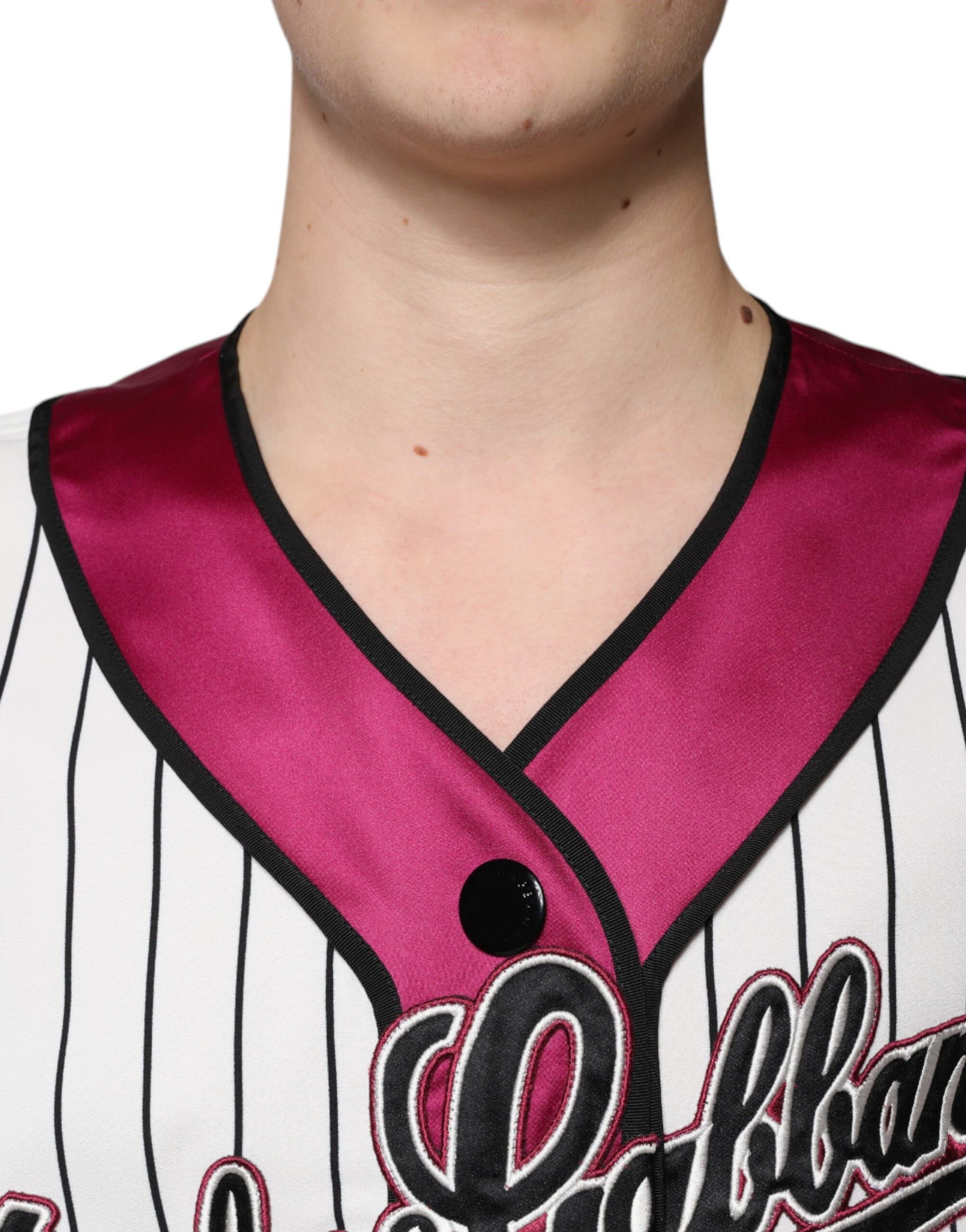 Pink baseball jersey with black lettering