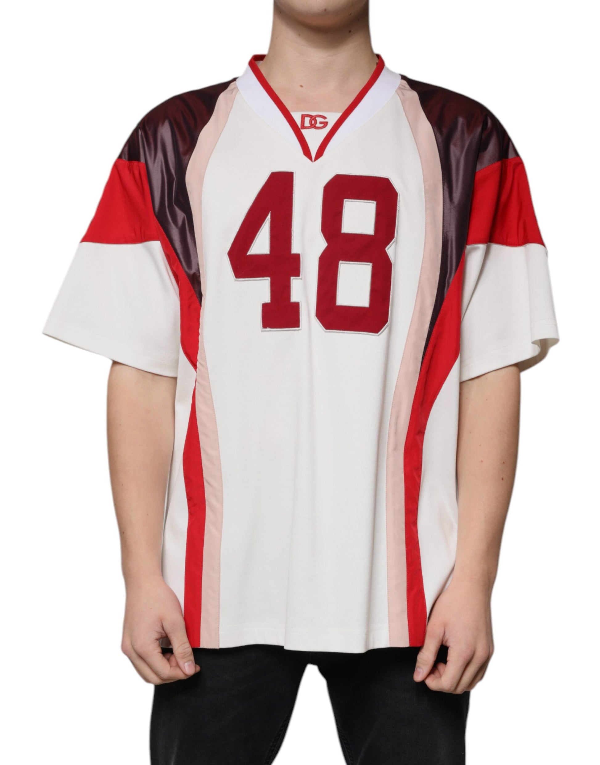 Red and white jersey with number 48 on back