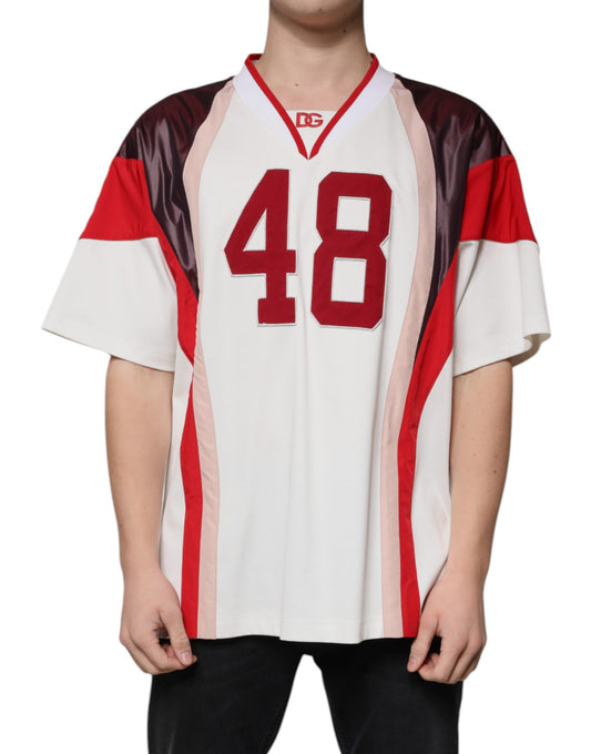 Red and white jersey with number 48 on back