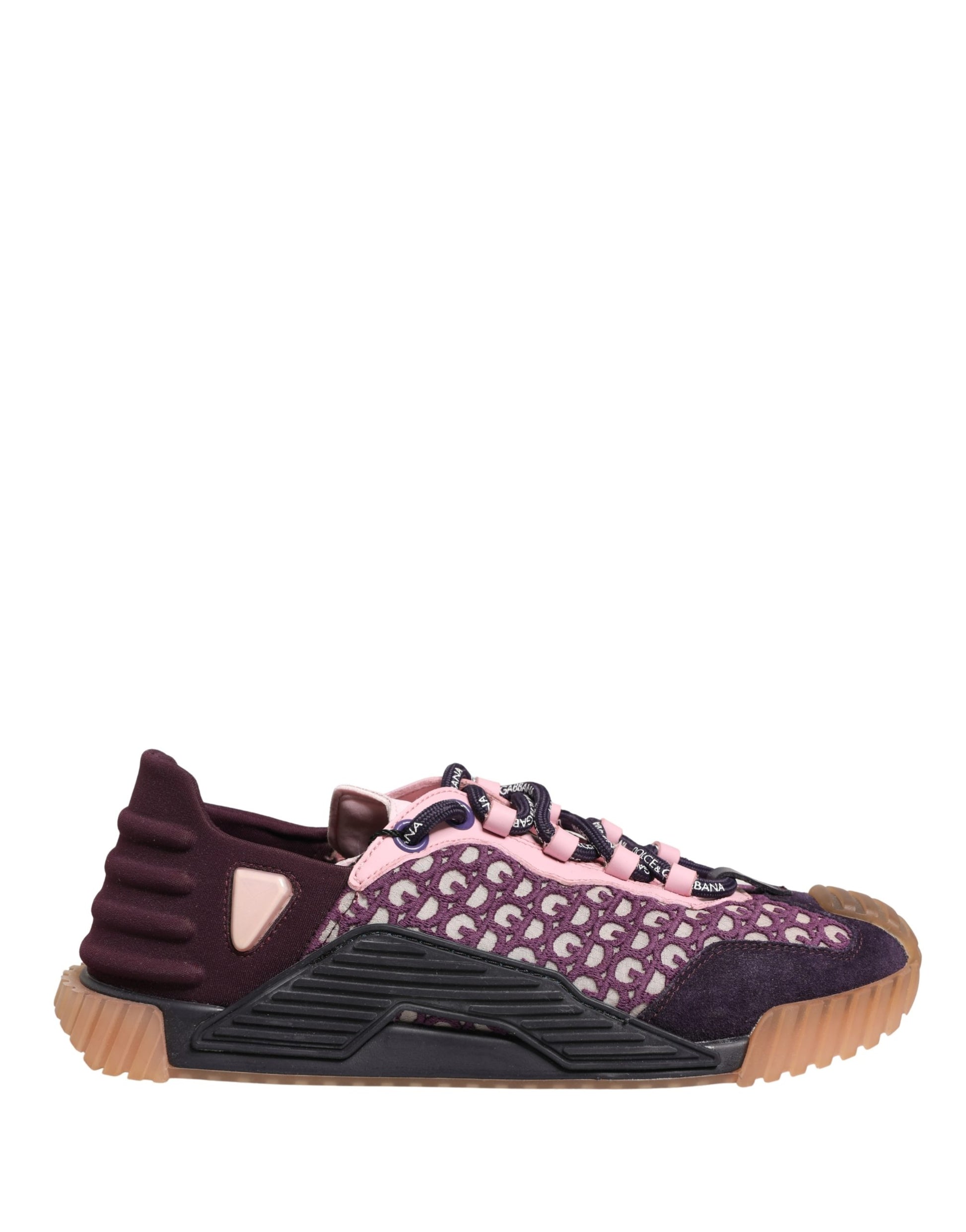 Pink, purple, and black sneakers with a patterned design on the side