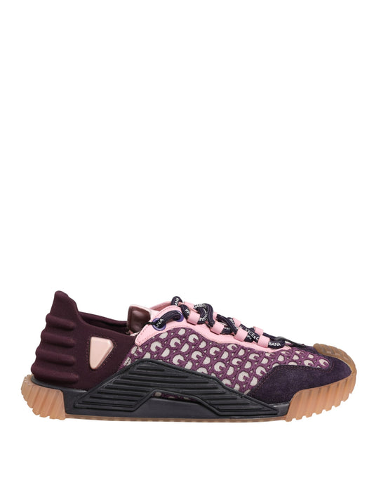 Pink, purple, and black sneakers with a patterned design on the side