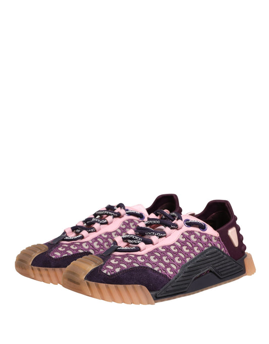 Purple and pink sneakers with multicolored logo design