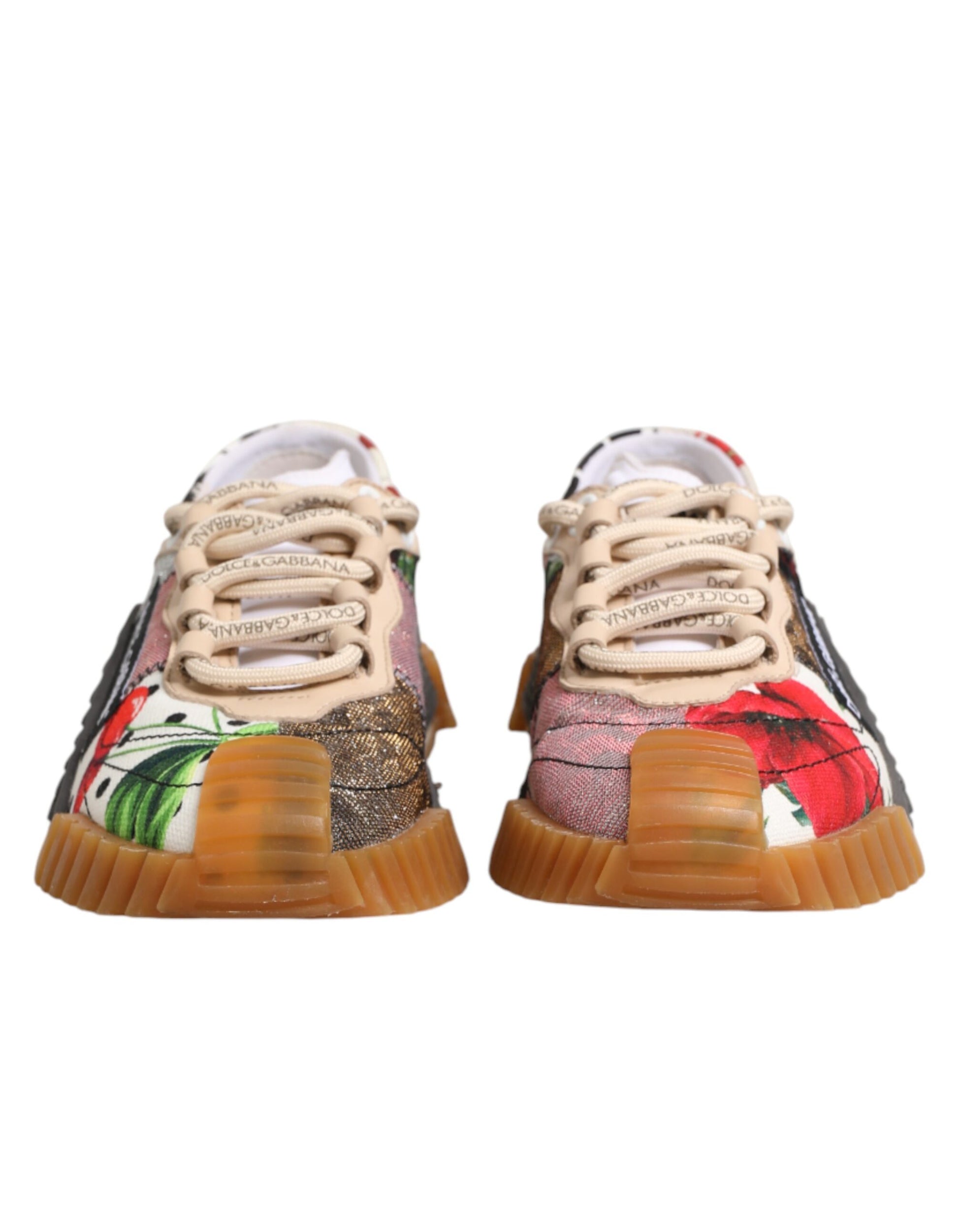 Pair of colorful children's shoes with floral pattern on top