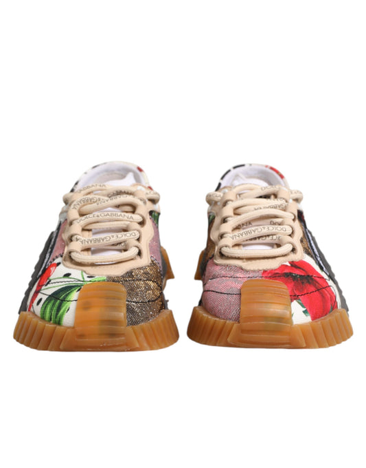Pair of colorful children's shoes with floral pattern on top