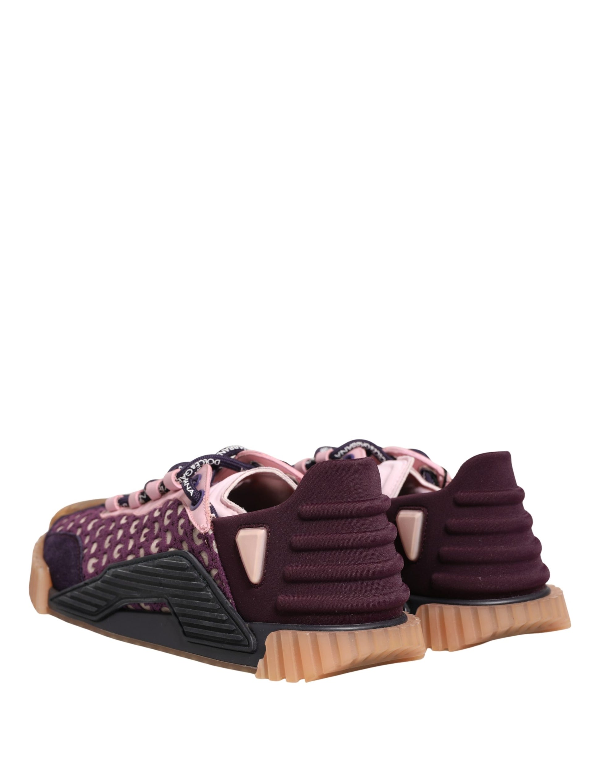 Pair of multicolored logo sneakers with pink laces and a black sole