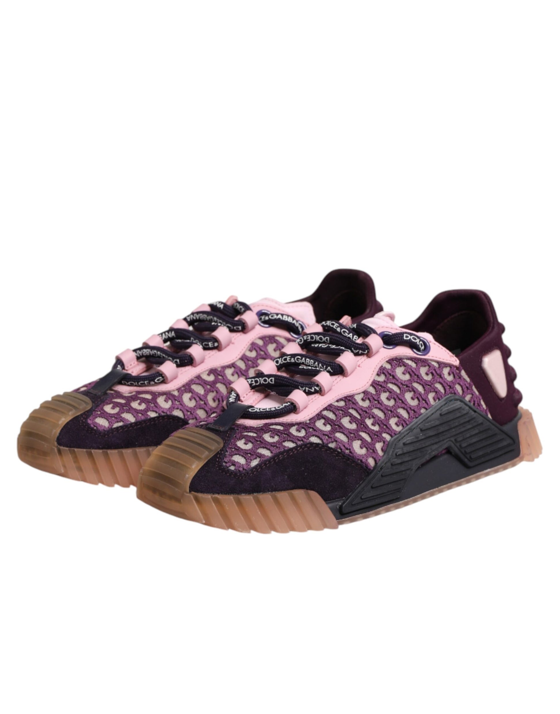 Pair of purple and pink sneakers with laces
