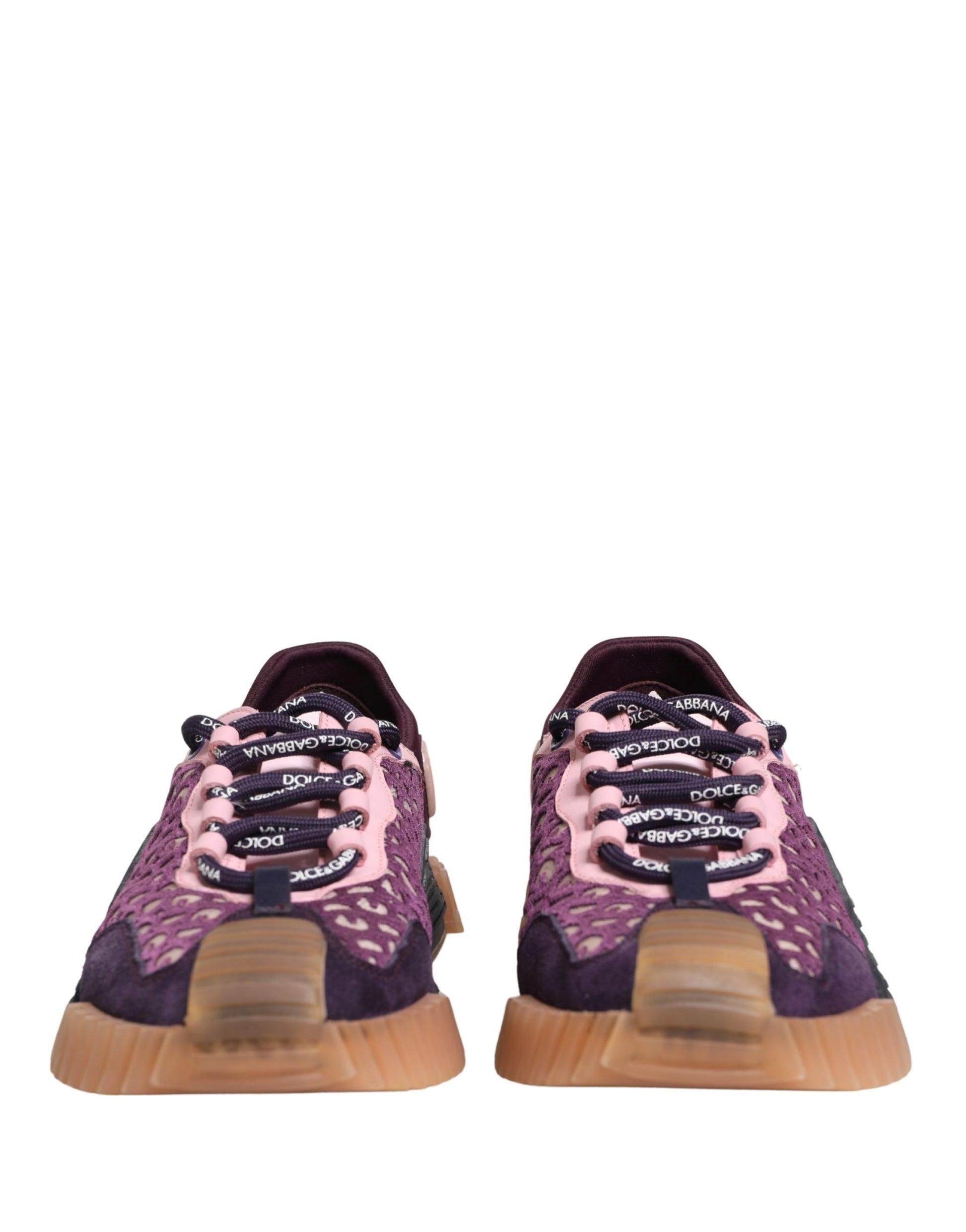 Pair of purple and black sneakers with pink laces, featuring multicolored logo on side