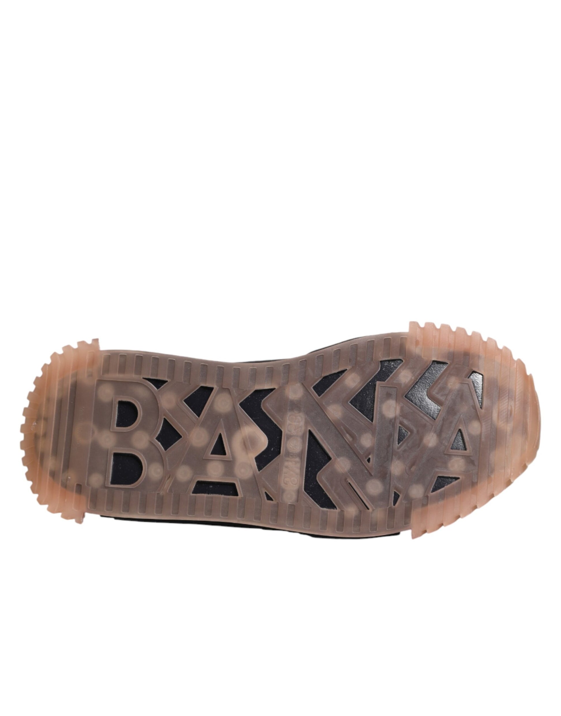 Brown shoe with white lettering