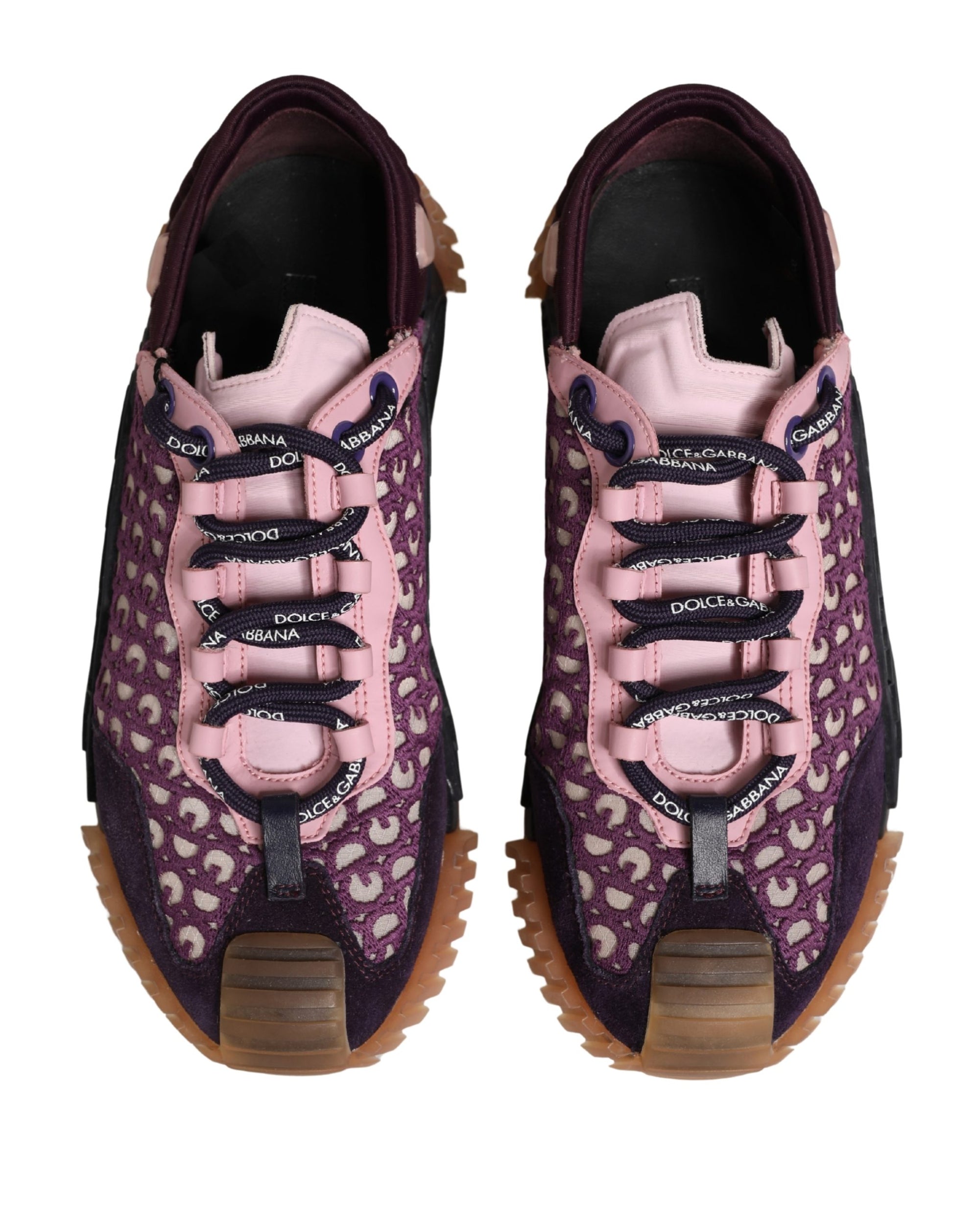 Pair of multicolored sneakers with pink laces and logo on side
